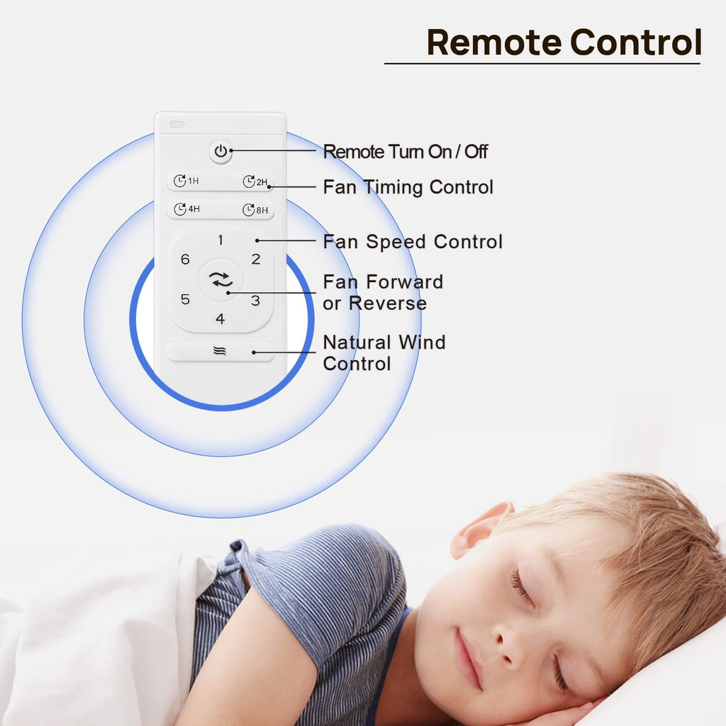 Moderner 52-Zoll-Deckenventilator aus Massivholz/ABS mit Fernbedienung (ohne Beleuchtung), 6 Windgeschwindigkeiten und umkehrbarer Luftstromrichtung
