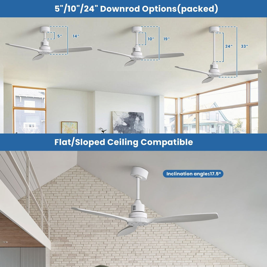 Moderner 52-Zoll-Deckenventilator aus Massivholz/ABS mit Fernbedienung (ohne Beleuchtung), 6 Windgeschwindigkeiten und umkehrbarer Luftstromrichtung
