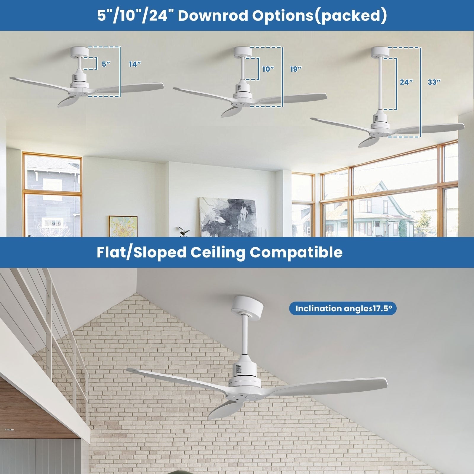 Moderner 52-Zoll-Deckenventilator aus Massivholz/ABS mit Fernbedienung (ohne Beleuchtung), 6 Windgeschwindigkeiten und umkehrbarer Luftstromrichtung