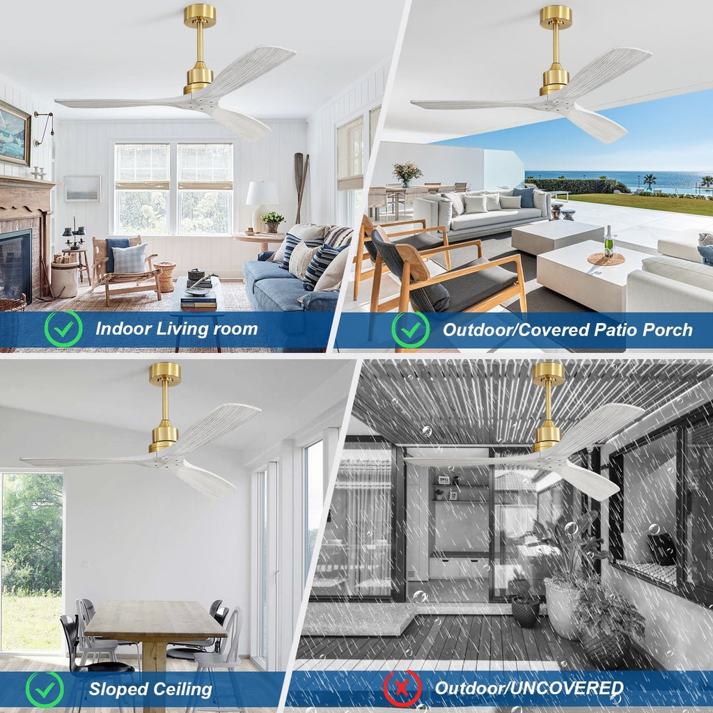 Moderner 52-Zoll-Deckenventilator aus Massivholz/ABS mit Fernbedienung (ohne Beleuchtung), 6 Windgeschwindigkeiten und umkehrbarer Luftstromrichtung