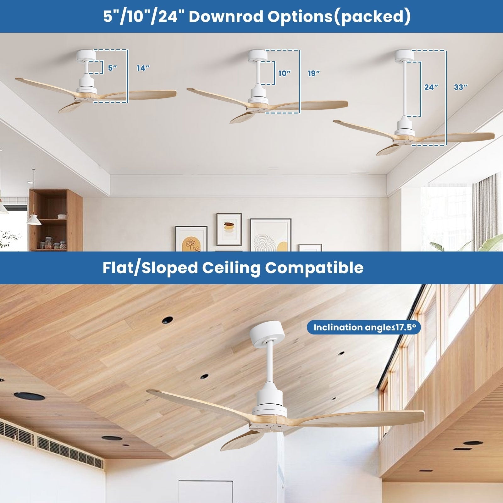 Moderner 52-Zoll-Deckenventilator aus Massivholz/ABS mit Fernbedienung (ohne Beleuchtung), 6 Windgeschwindigkeiten und umkehrbarer Luftstromrichtung
