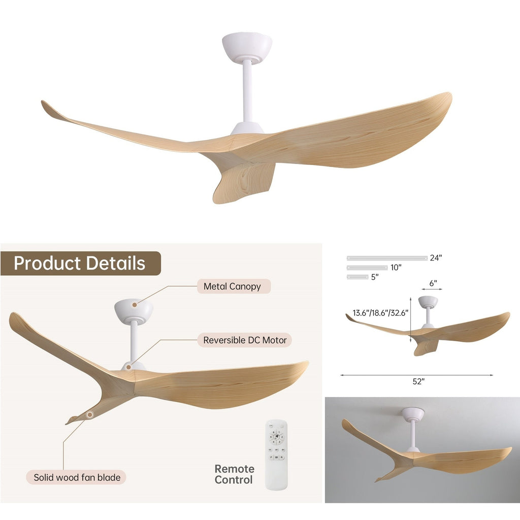 Moderner 52-Zoll-Deckenventilator aus Massivholz/ABS mit Fernbedienung (ohne Beleuchtung), 6 Windgeschwindigkeiten und umkehrbarer Luftstromrichtung