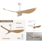 Moderner 52-Zoll-Deckenventilator aus Massivholz/ABS mit Fernbedienung (ohne Beleuchtung), 6 Windgeschwindigkeiten und umkehrbarer Luftstromrichtung