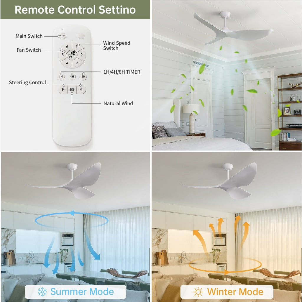 Moderner 52-Zoll-Deckenventilator aus Massivholz/ABS mit Fernbedienung (ohne Beleuchtung), 6 Windgeschwindigkeiten und umkehrbarer Luftstromrichtung