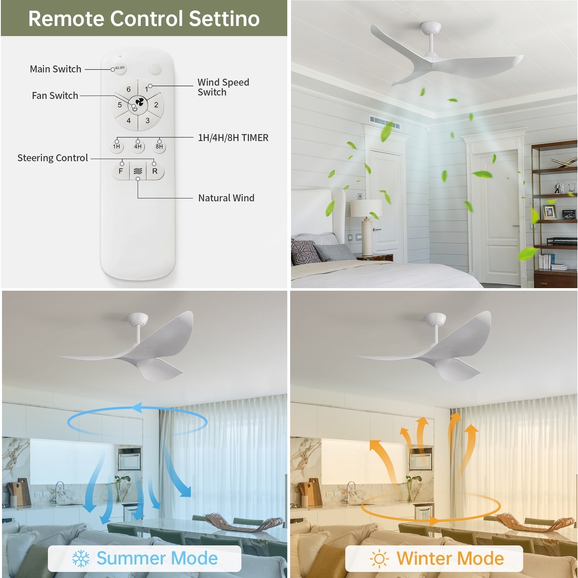 Moderner 52-Zoll-Deckenventilator aus Massivholz/ABS mit Fernbedienung (ohne Beleuchtung), 6 Windgeschwindigkeiten und umkehrbarer Luftstromrichtung