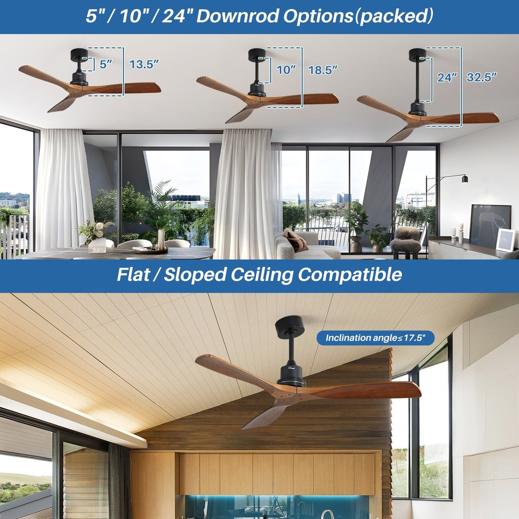 Moderner 52-Zoll-Deckenventilator aus Massivholz/ABS mit Fernbedienung (ohne Beleuchtung), 6 Windgeschwindigkeiten und umkehrbarer Luftstromrichtung