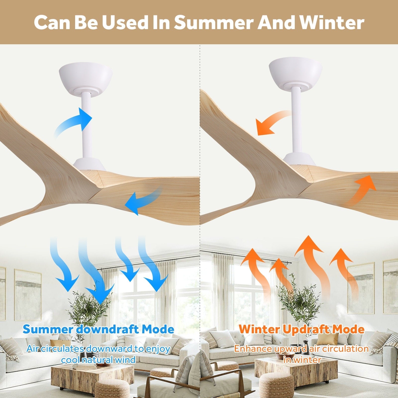 Moderner 52-Zoll-Deckenventilator aus Massivholz/ABS mit Fernbedienung (ohne Beleuchtung), 6 Windgeschwindigkeiten und umkehrbarer Luftstromrichtung