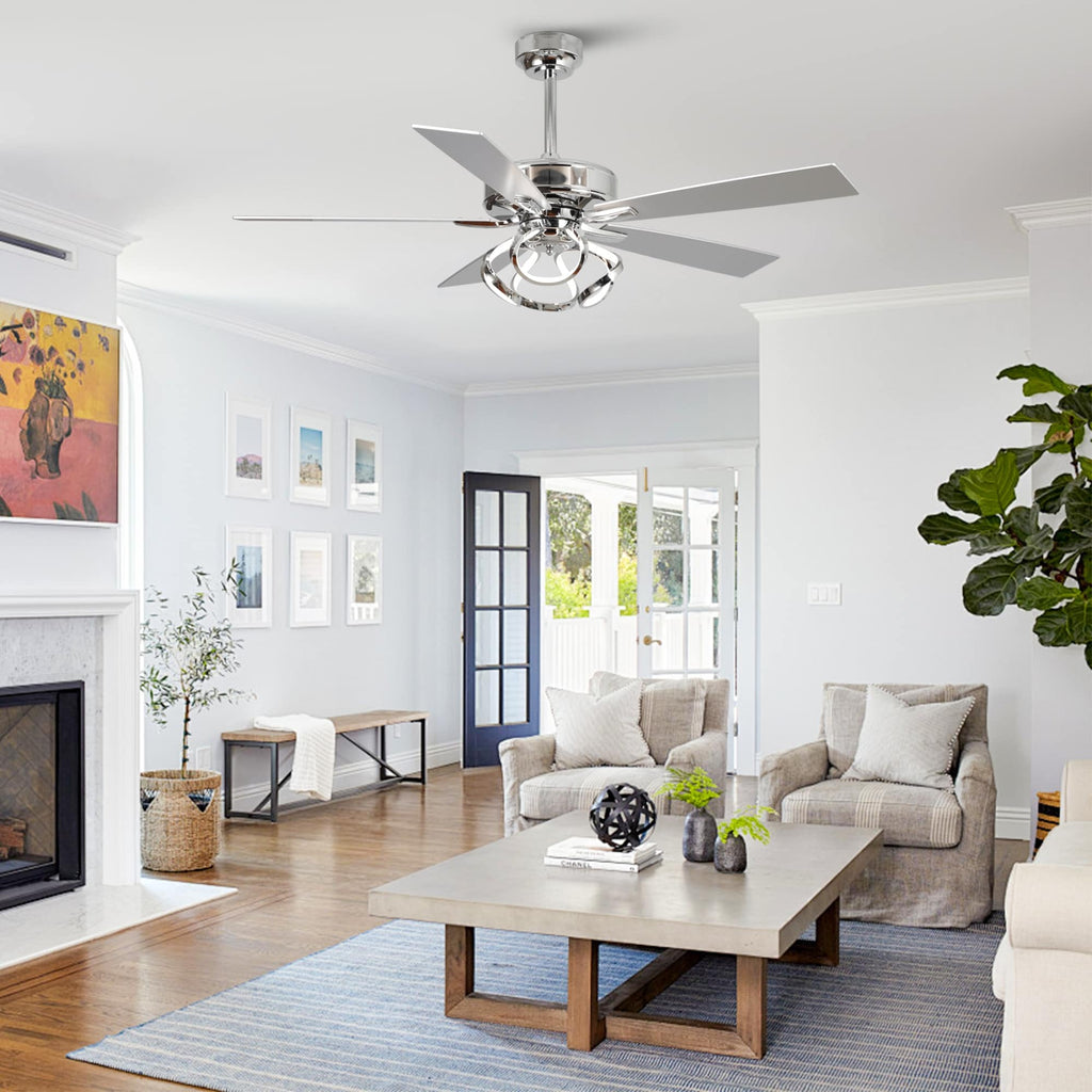 52-Zoll-Deckenventilator für den Innenbereich, dimmbar, mit LED-Beleuchtung und Fernbedienung, in Chrom/Schwarz.