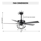 52-Zoll-Deckenventilator für den Innenbereich, dimmbar, mit LED-Beleuchtung und Fernbedienung, in Chrom/Schwarz.
