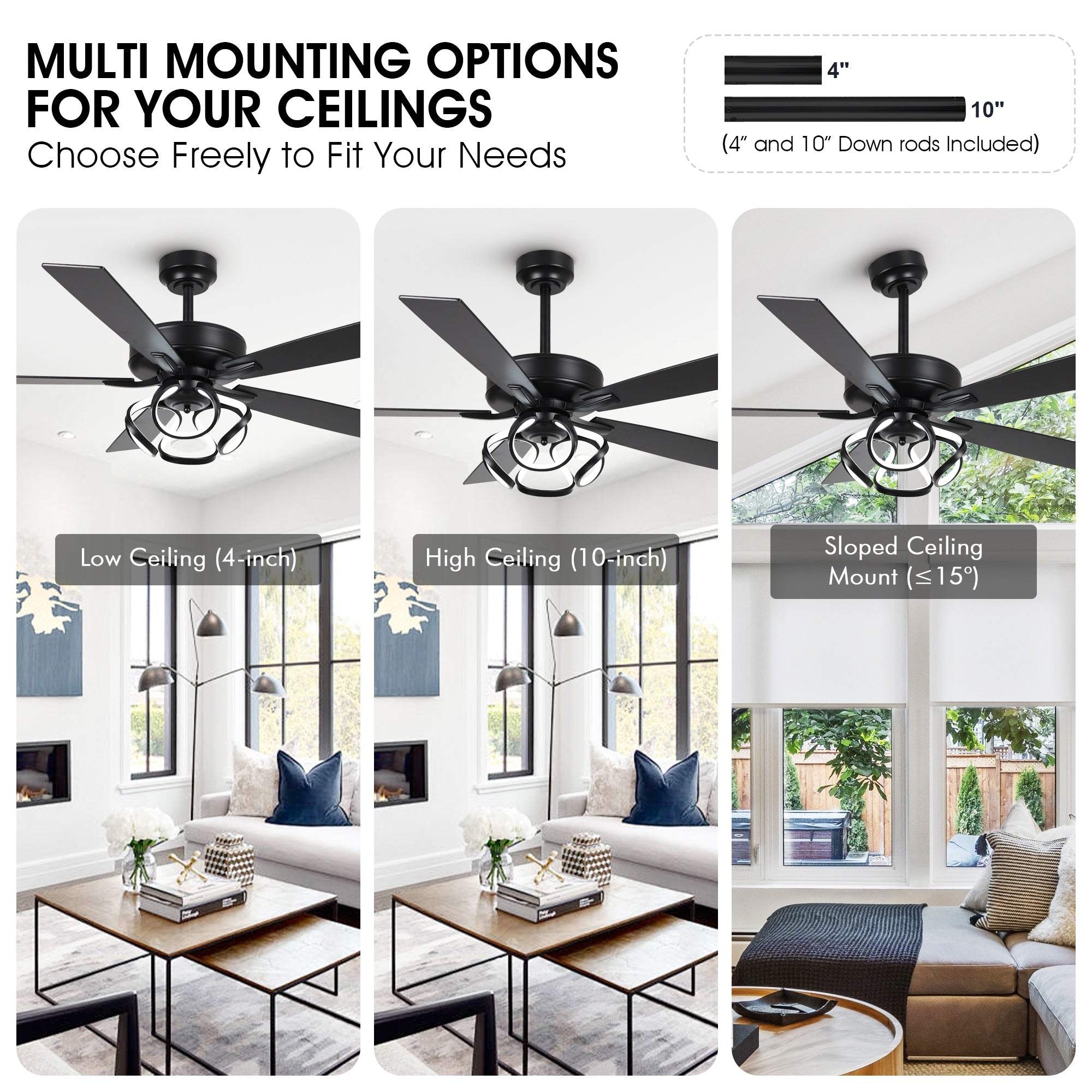 52-Zoll-Deckenventilator für den Innenbereich, dimmbar, mit LED-Beleuchtung und Fernbedienung, in Chrom/Schwarz.