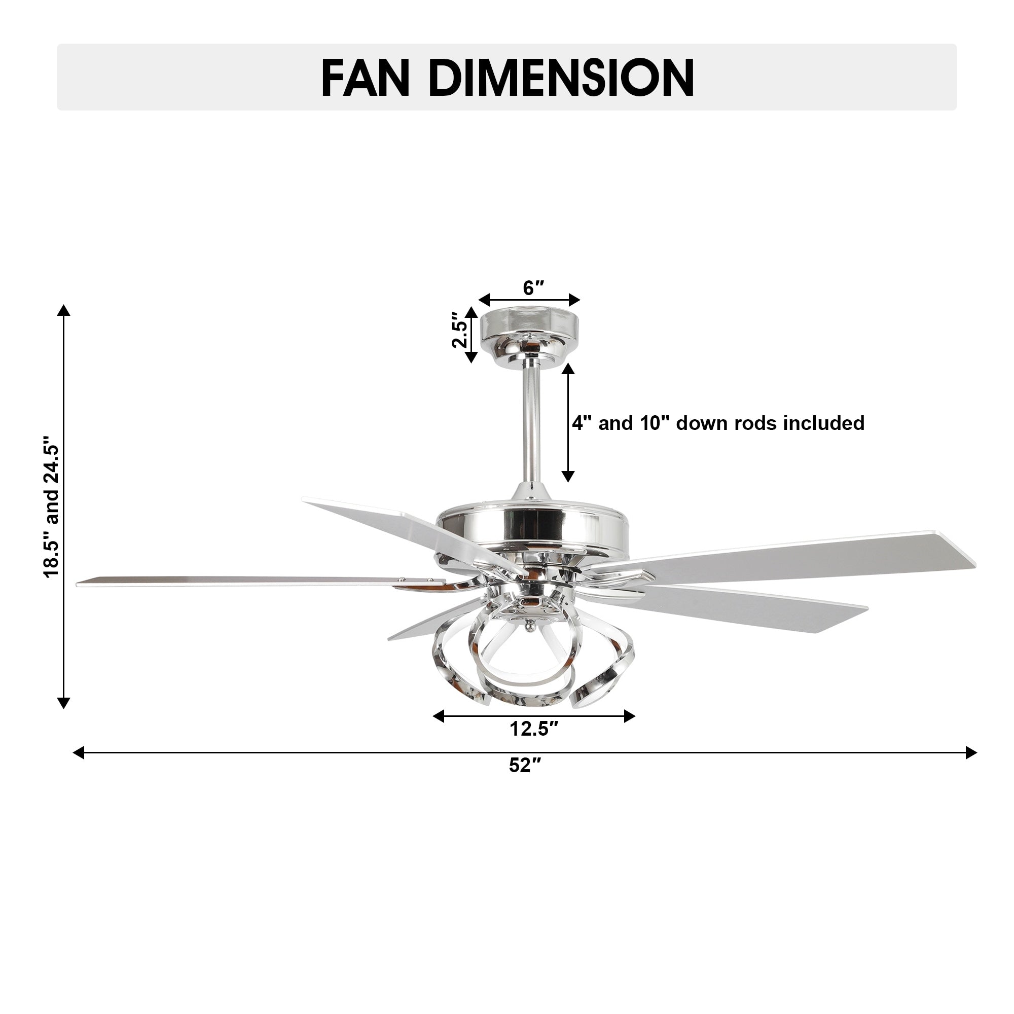 52-Zoll-Deckenventilator für den Innenbereich, dimmbar, mit LED-Beleuchtung und Fernbedienung, in Chrom/Schwarz.
