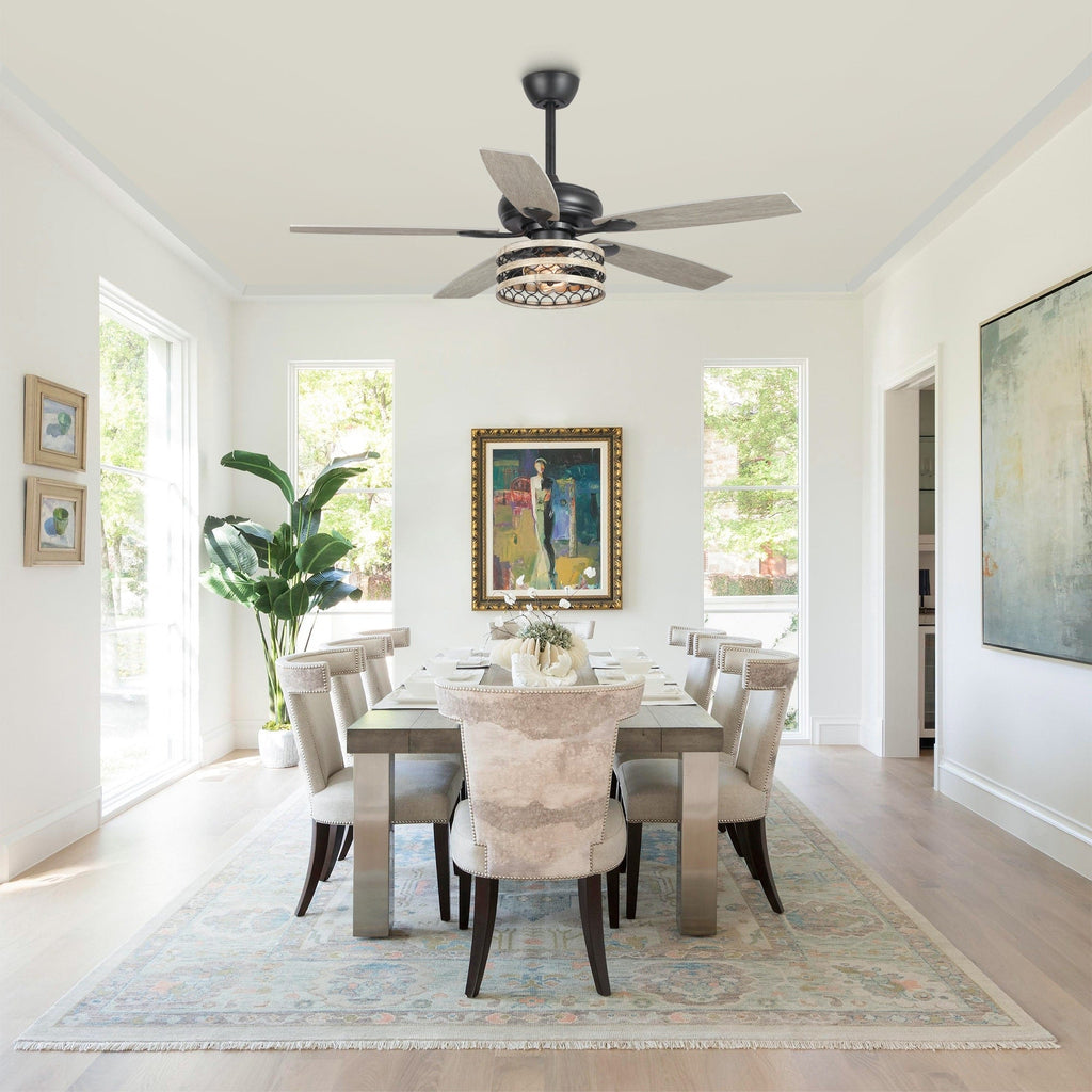 52-Zoll-Deckenventilator im Landhausstil mit Treibholzmuster, 5 Flügel, schwarzem Käfig und Fernbedienung