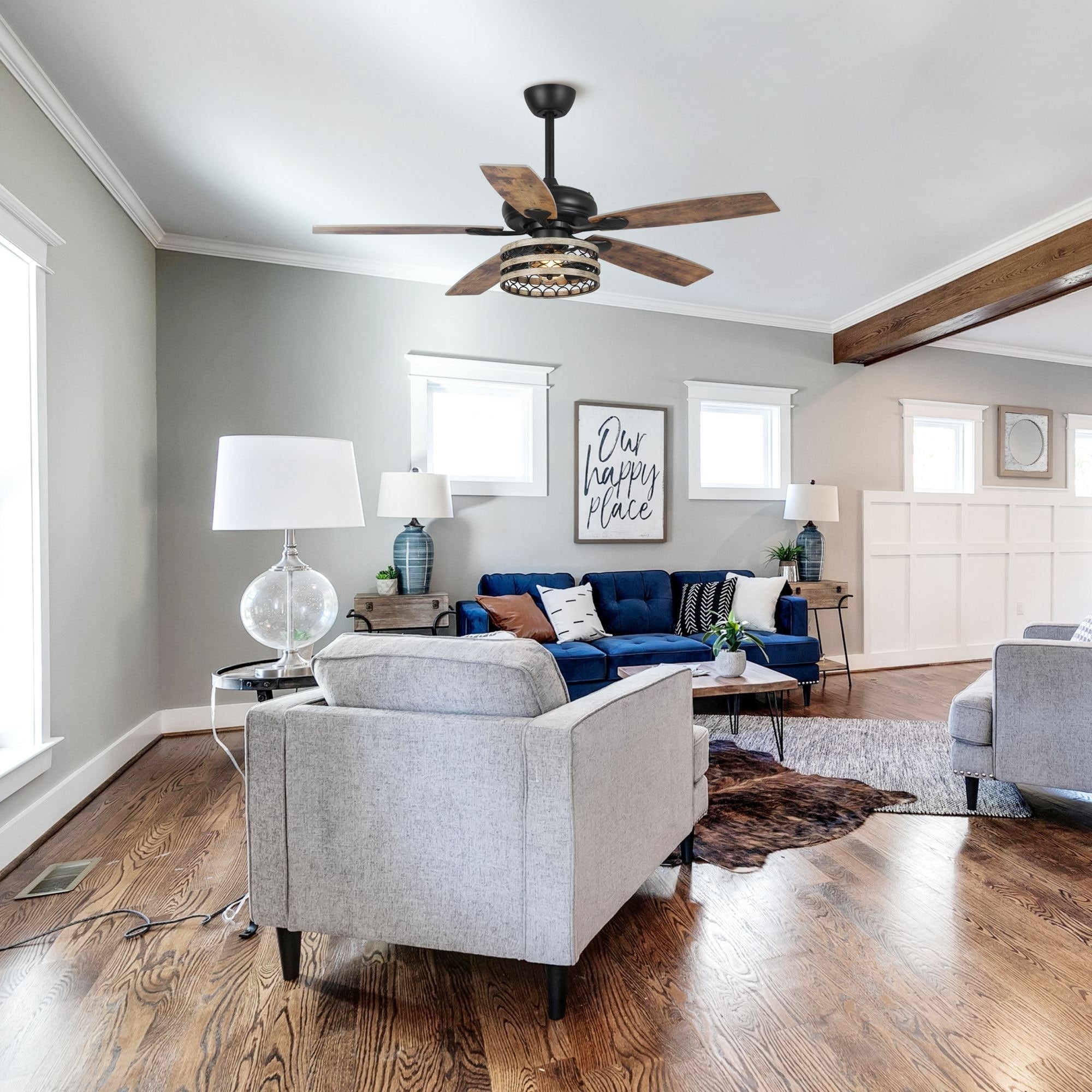 52-Zoll-Deckenventilator im Landhausstil mit Treibholzmuster, 5 Flügel, schwarzem Käfig und Fernbedienung