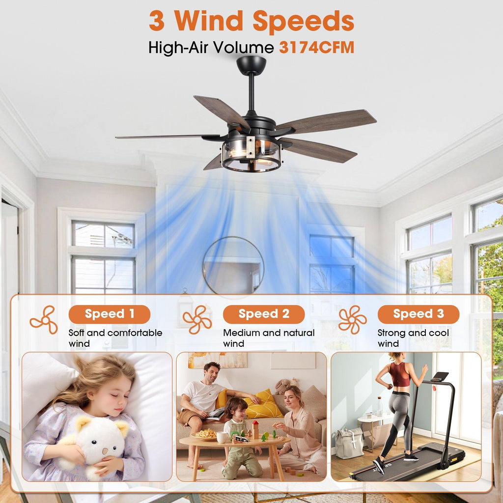 52-Zoll-Deckenventilator aus rustikalem schwarzem Holz mit 5 Flügeln und Fernbedienung