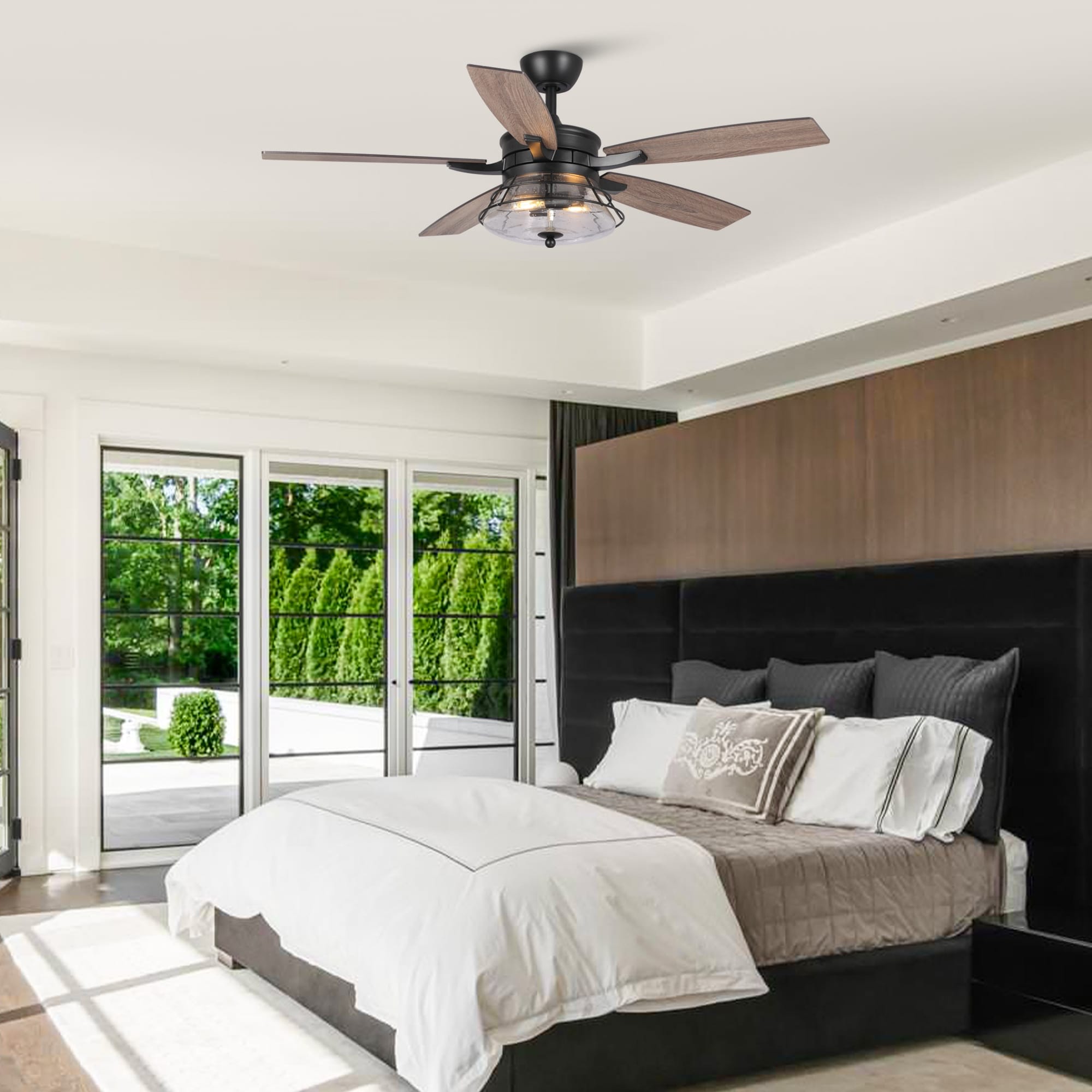 52-Zoll-Industrie-Deckenventilator aus schwarzem, strukturiertem Glas mit Fernbedienung und Beleuchtungssatz