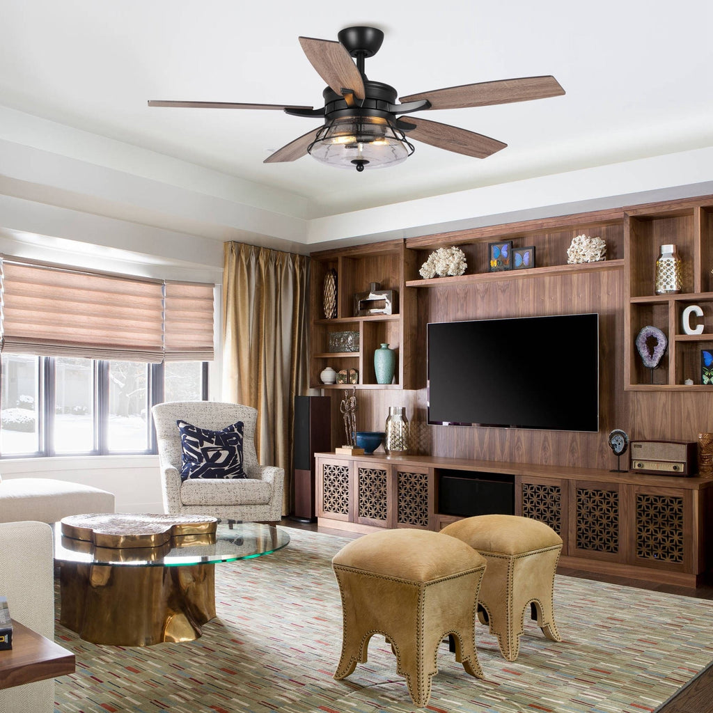 52-Zoll-Industrie-Deckenventilator aus schwarzem, strukturiertem Glas mit Fernbedienung und Beleuchtungssatz