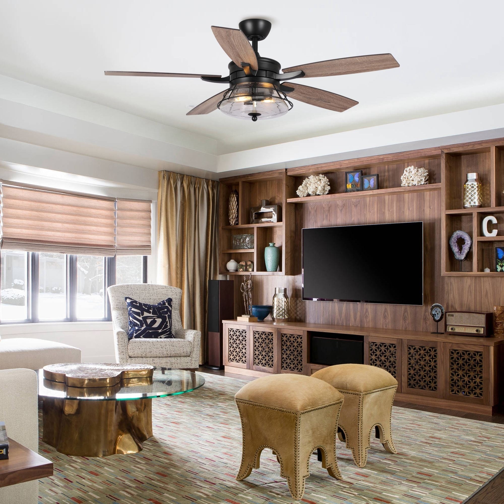 52-Zoll-Industrie-Deckenventilator aus schwarzem, strukturiertem Glas mit Fernbedienung und Beleuchtungssatz