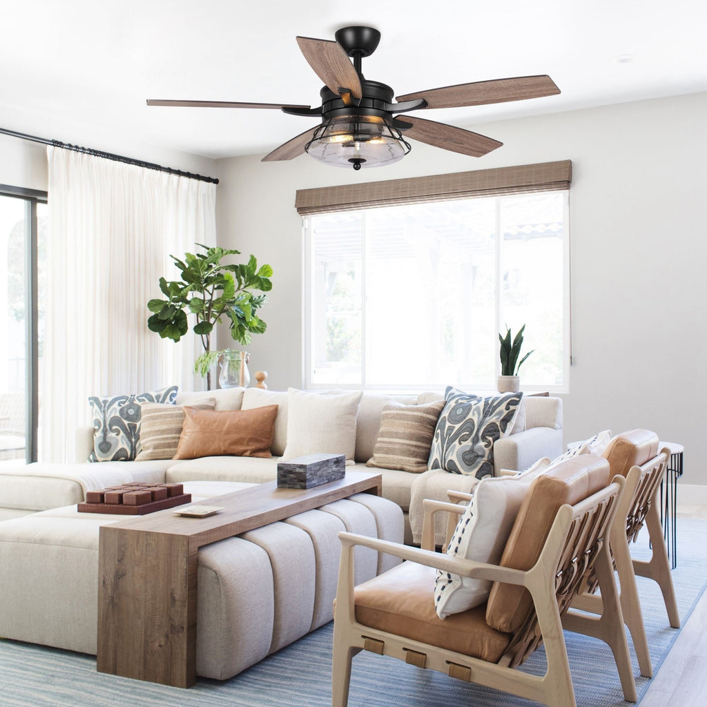 52-Zoll-Industrie-Deckenventilator aus schwarzem, strukturiertem Glas mit Fernbedienung und Beleuchtungssatz