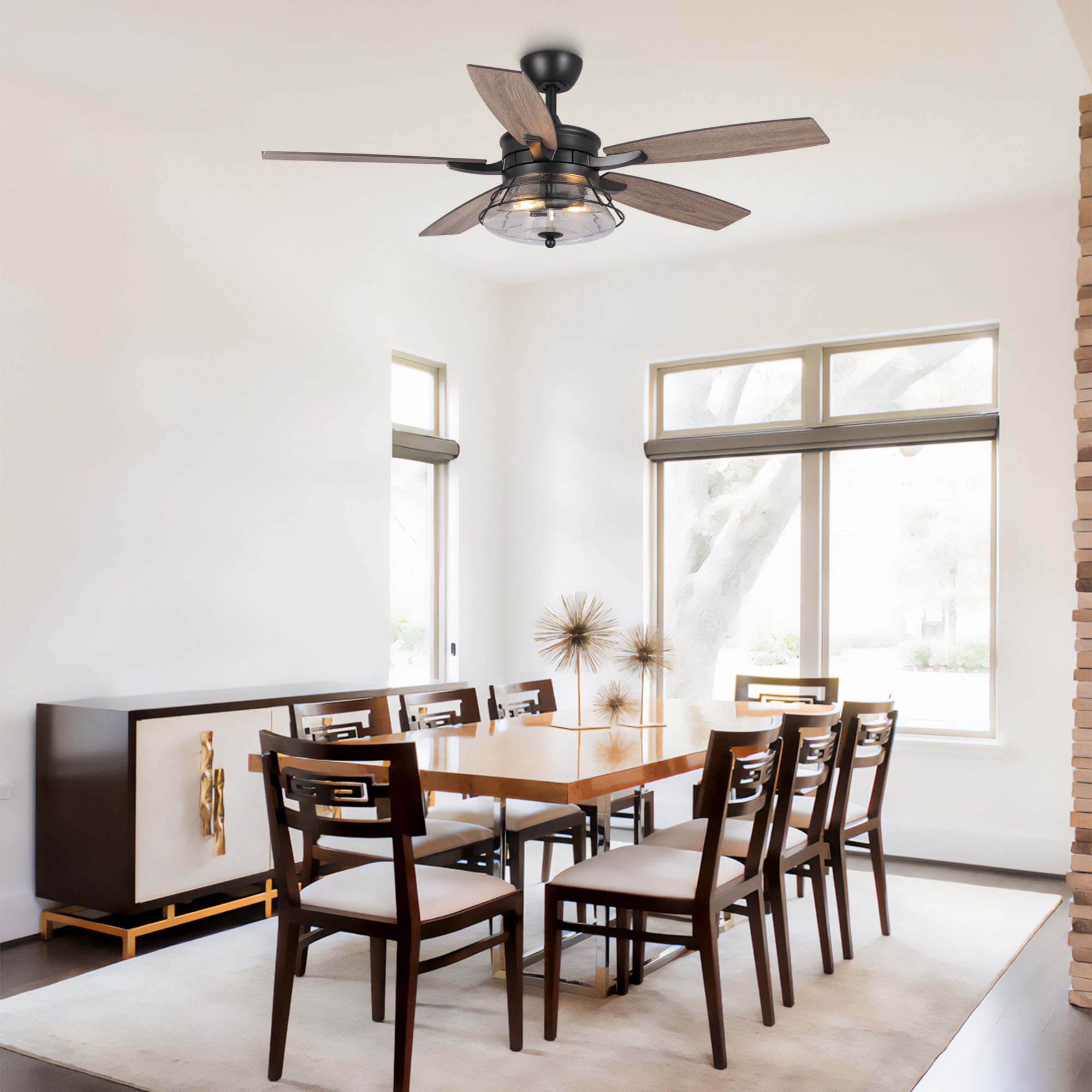 52-Zoll-Industrie-Deckenventilator aus schwarzem, strukturiertem Glas mit Fernbedienung und Beleuchtungssatz