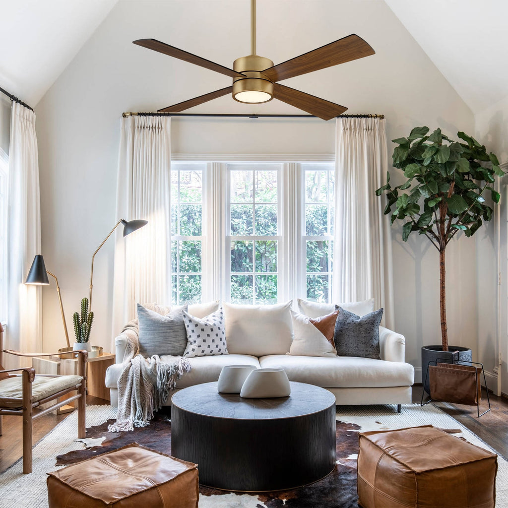 52-Zoll-Deckenventilator mit 4 Flügeln, Antikmessing-Holz-Optik, Beleuchtung und Fernbedienung für den Innenbereich