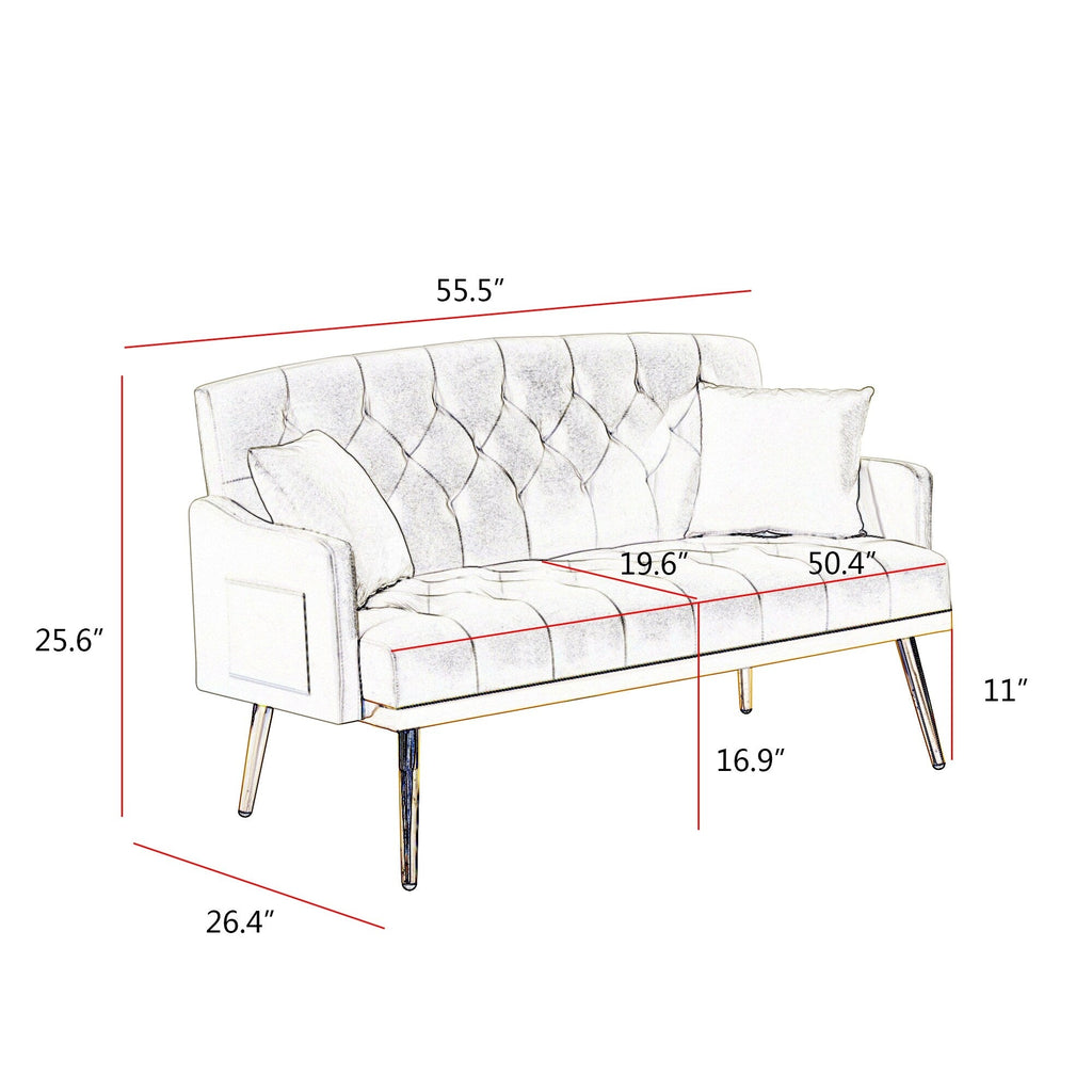 55,5 cm breites Samtsofa (2-Sitzer) mit 2 Kissen, modernes Design und einfacher Montage
