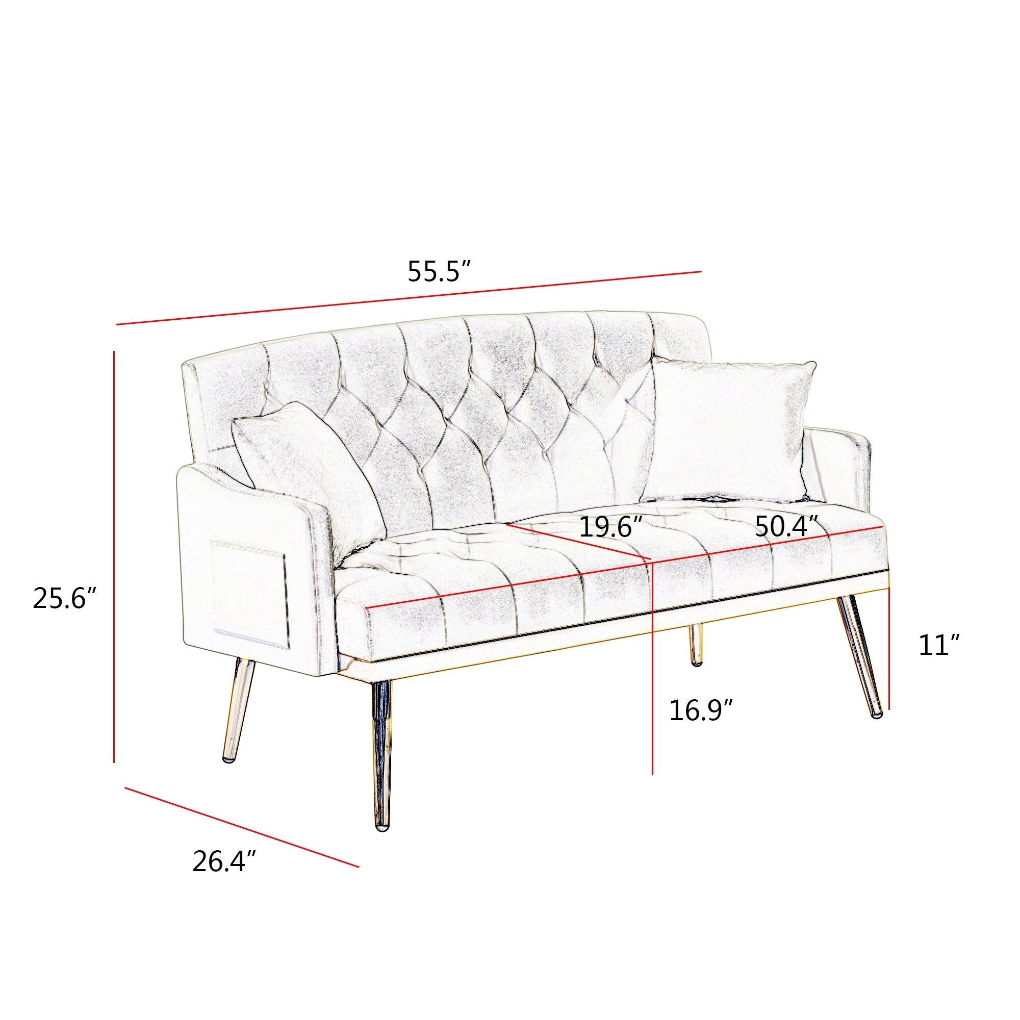 55,5 cm breites Samtsofa (2-Sitzer) mit 2 Kissen, modernes Design und einfacher Montage