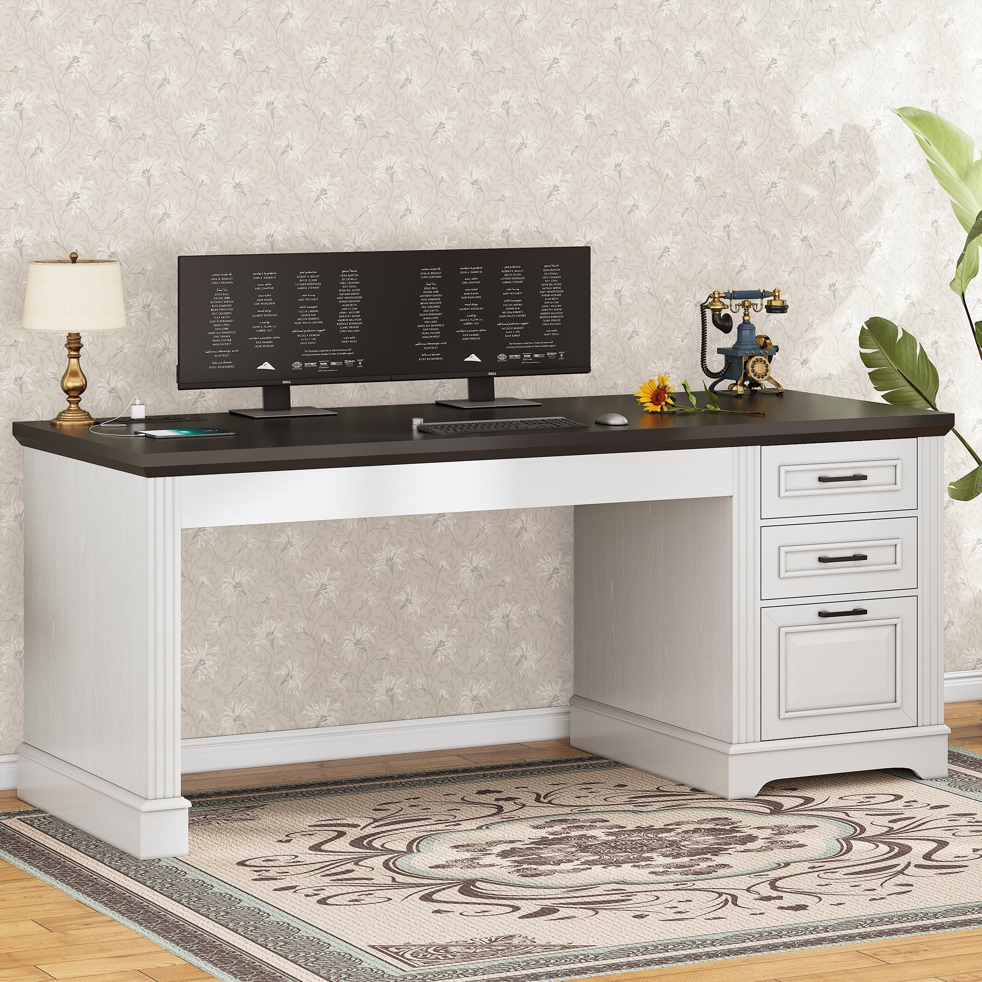 Landhaus-Schreibtisch für das Homeoffice, Aktenschublade, Monitorständer, Steckdose