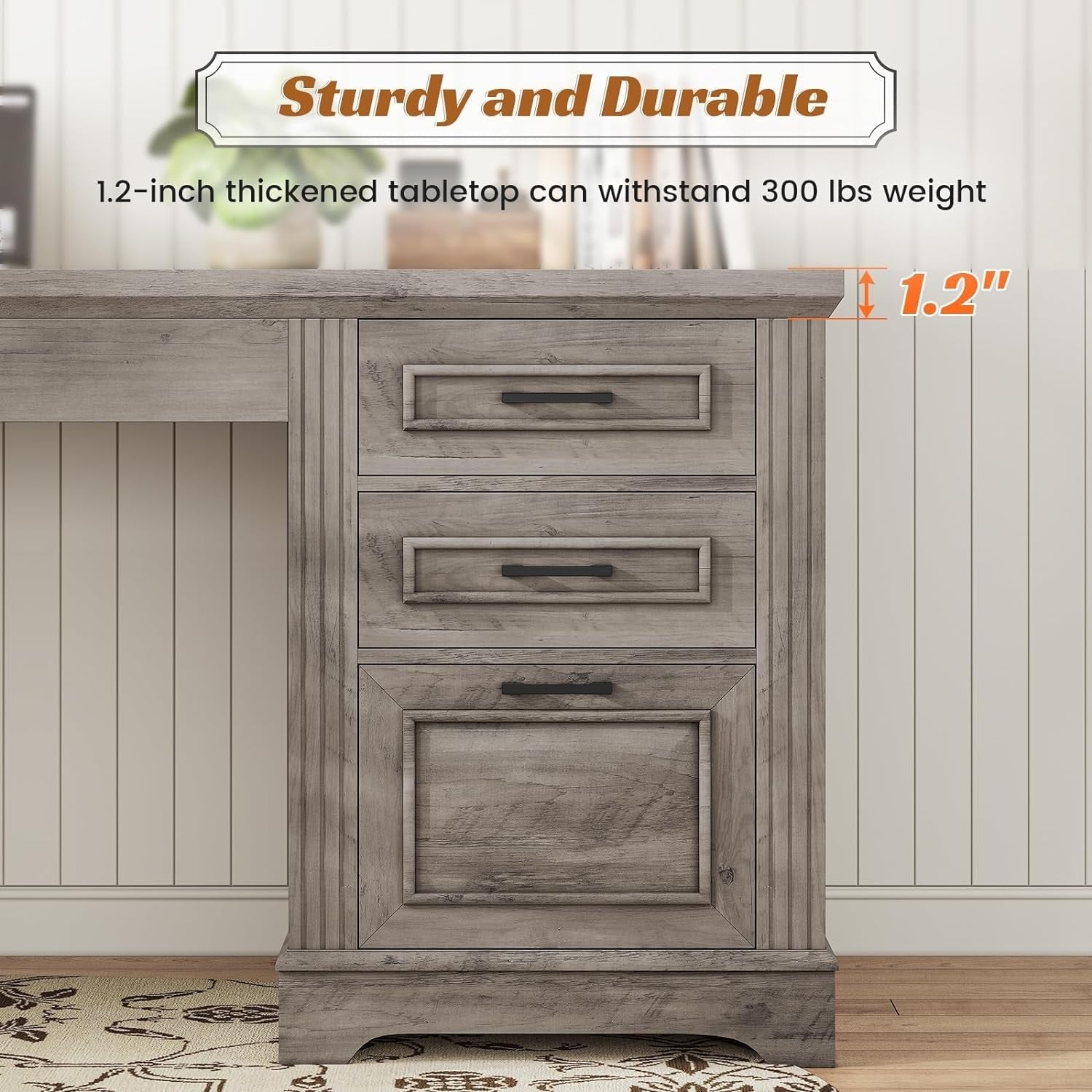 Landhaus-Schreibtisch für das Homeoffice, Aktenschublade, Monitorständer, Steckdose