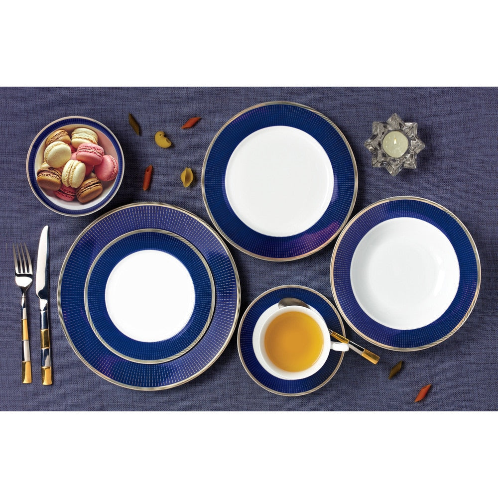 57-teiliges Bone China Geschirrset – Mitternachtsblau – Gold