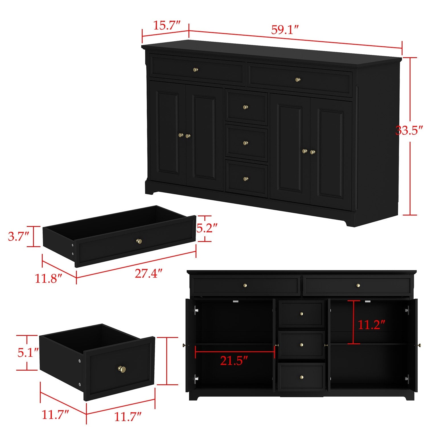 59,1'' Sideboard Buffet Weiß Mid-Century Modern Zeitgenössisch Lackiert