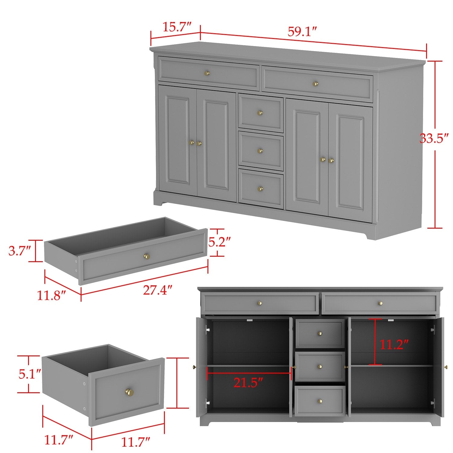 59,1'' Sideboard Buffet Weiß Mid-Century Modern Zeitgenössisch Lackiert