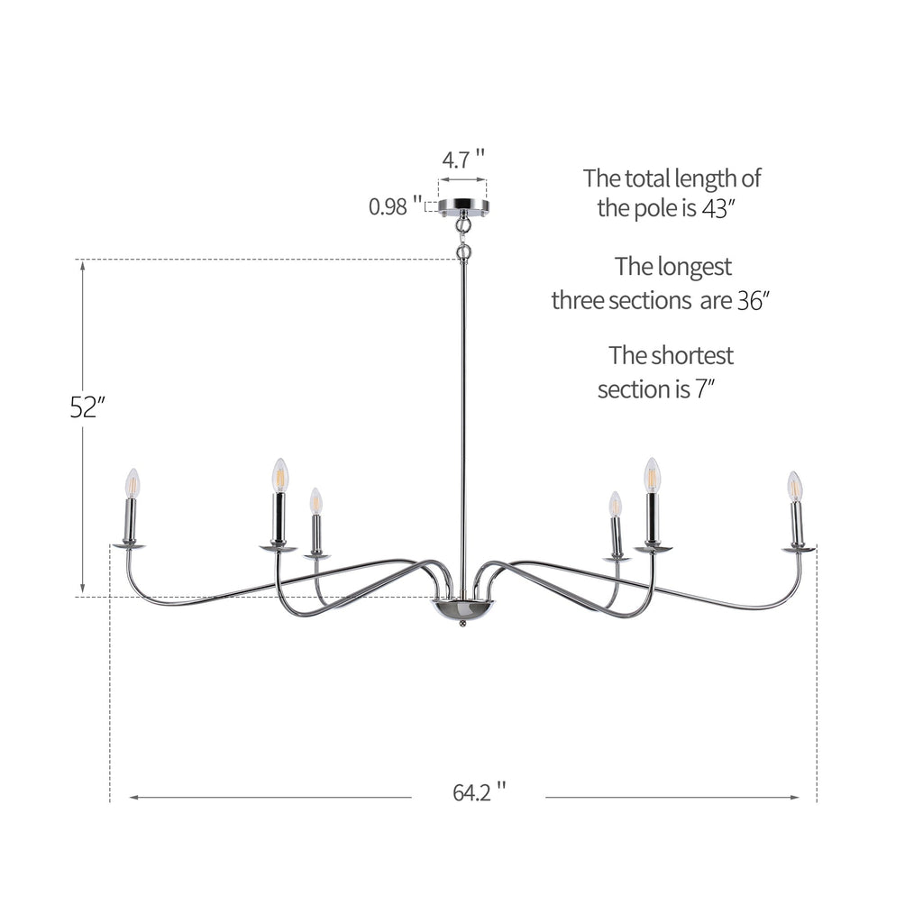 Minimalistischer Kronleuchter mit 6 Leuchten, 162,5 cm (64 Zoll), in Mattschwarz/Gold/Chrom – Nicht verfügbar