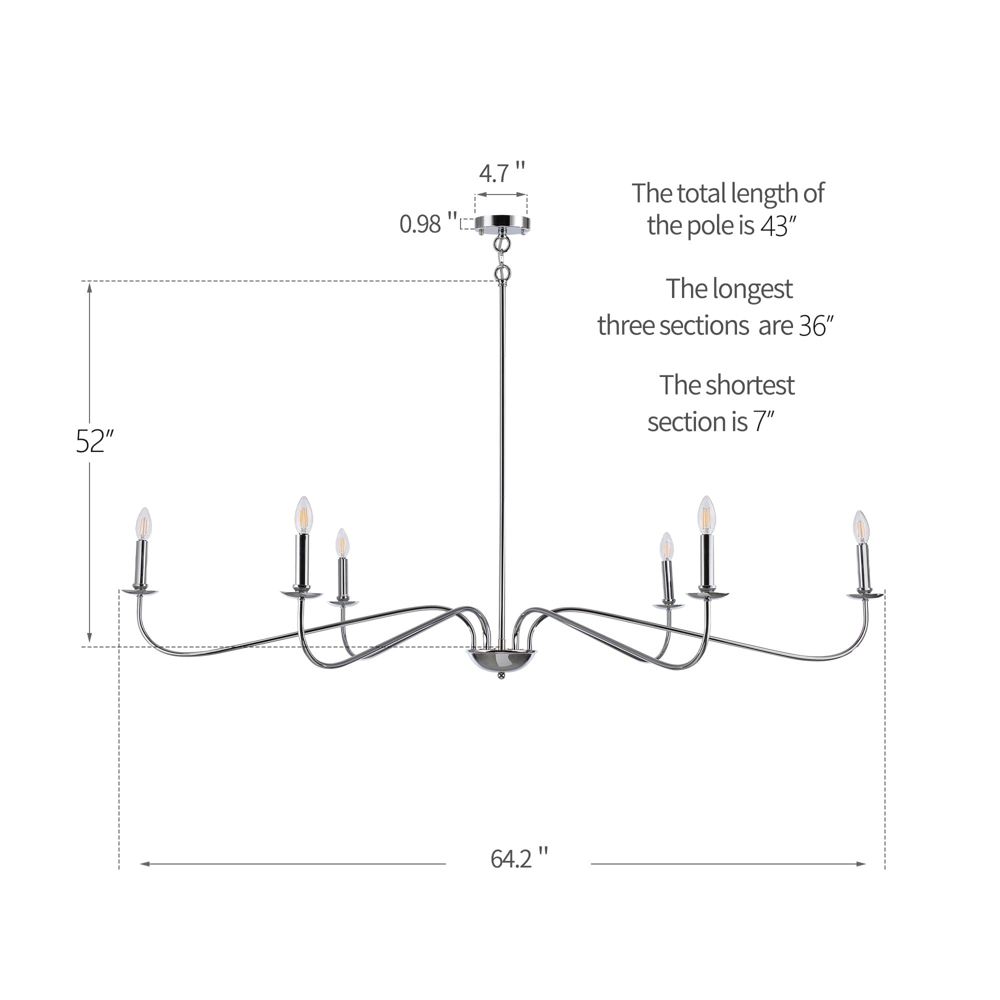 Minimalistischer Kronleuchter mit 6 Leuchten, 162,5 cm (64 Zoll), in Mattschwarz/Gold/Chrom – Nicht verfügbar