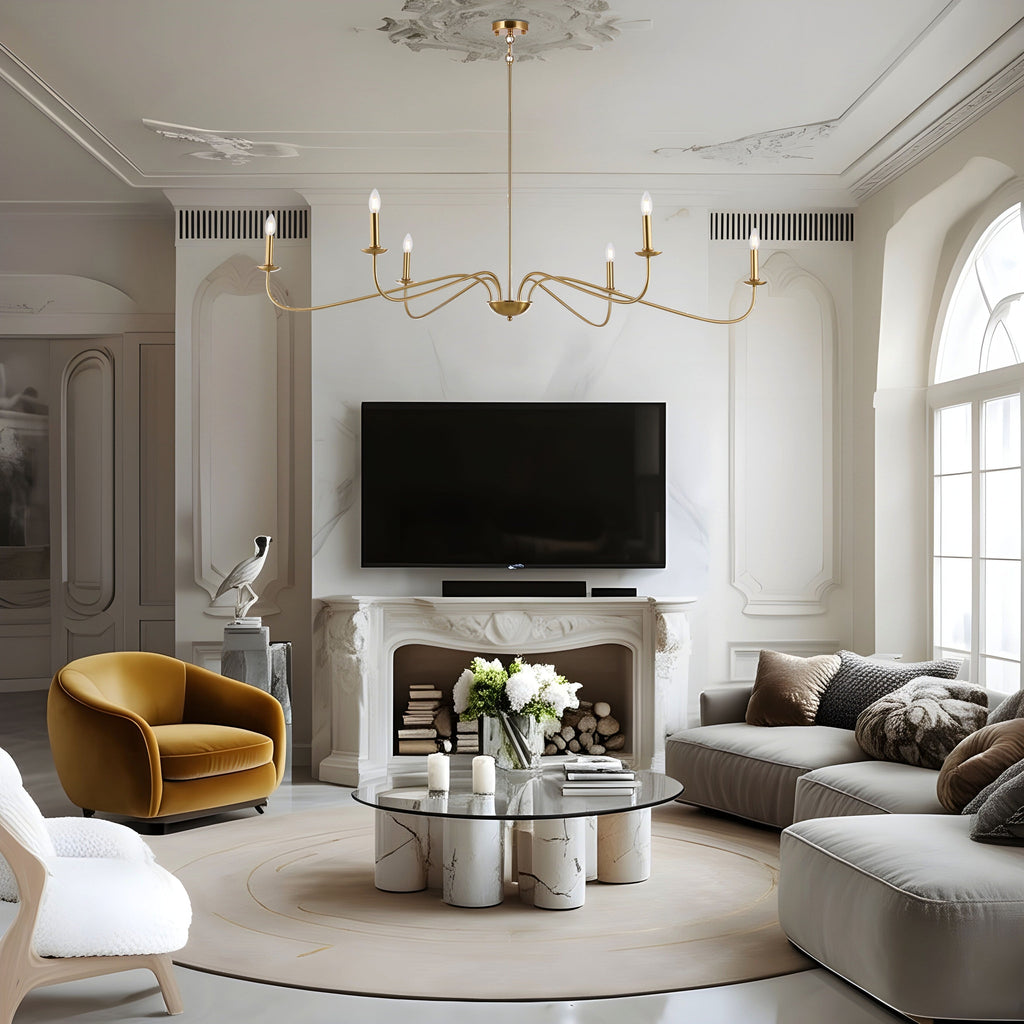 Minimalistischer Kronleuchter mit 6 Leuchten, 162,5 cm (64 Zoll), in Mattschwarz/Gold/Chrom – Nicht verfügbar