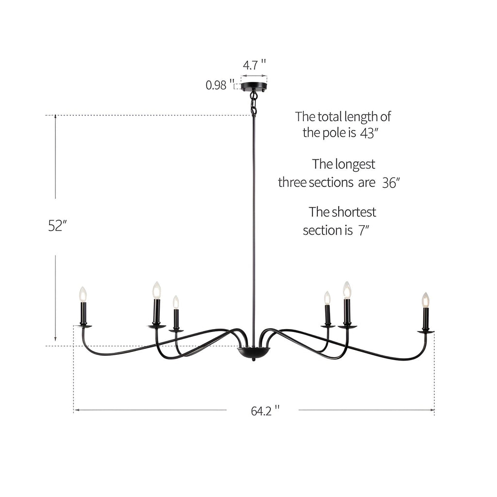 Minimalistischer Kronleuchter mit 6 Leuchten, 162,5 cm (64 Zoll), in Mattschwarz/Gold/Chrom – Nicht verfügbar
