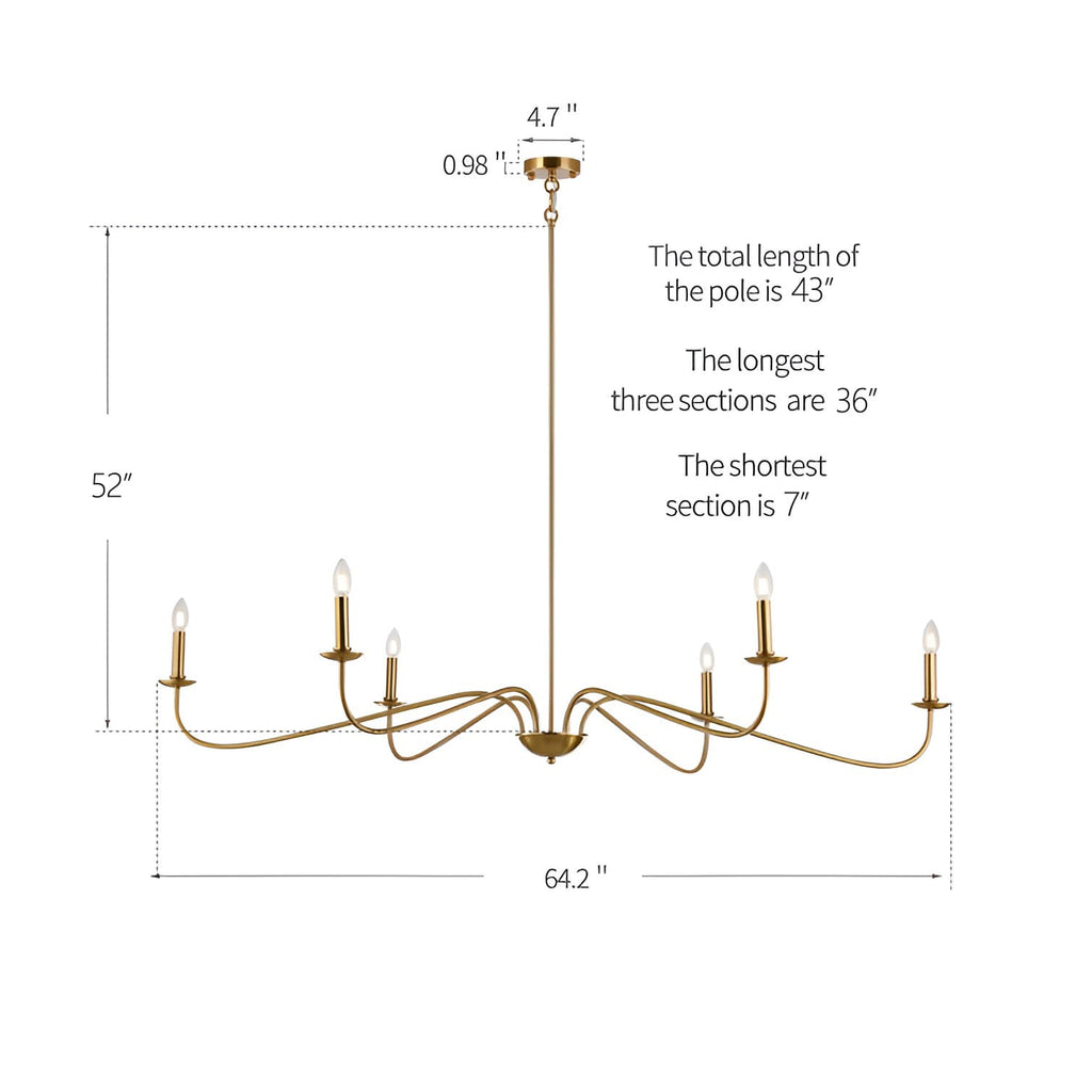 Minimalistischer Kronleuchter mit 6 Leuchten, 162,5 cm (64 Zoll), in Mattschwarz/Gold/Chrom – Nicht verfügbar