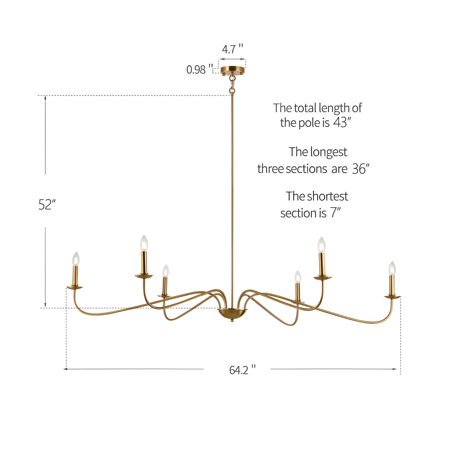 Minimalistischer Kronleuchter mit 6 Leuchten, 162,5 cm (64 Zoll), in Mattschwarz/Gold/Chrom – Nicht verfügbar