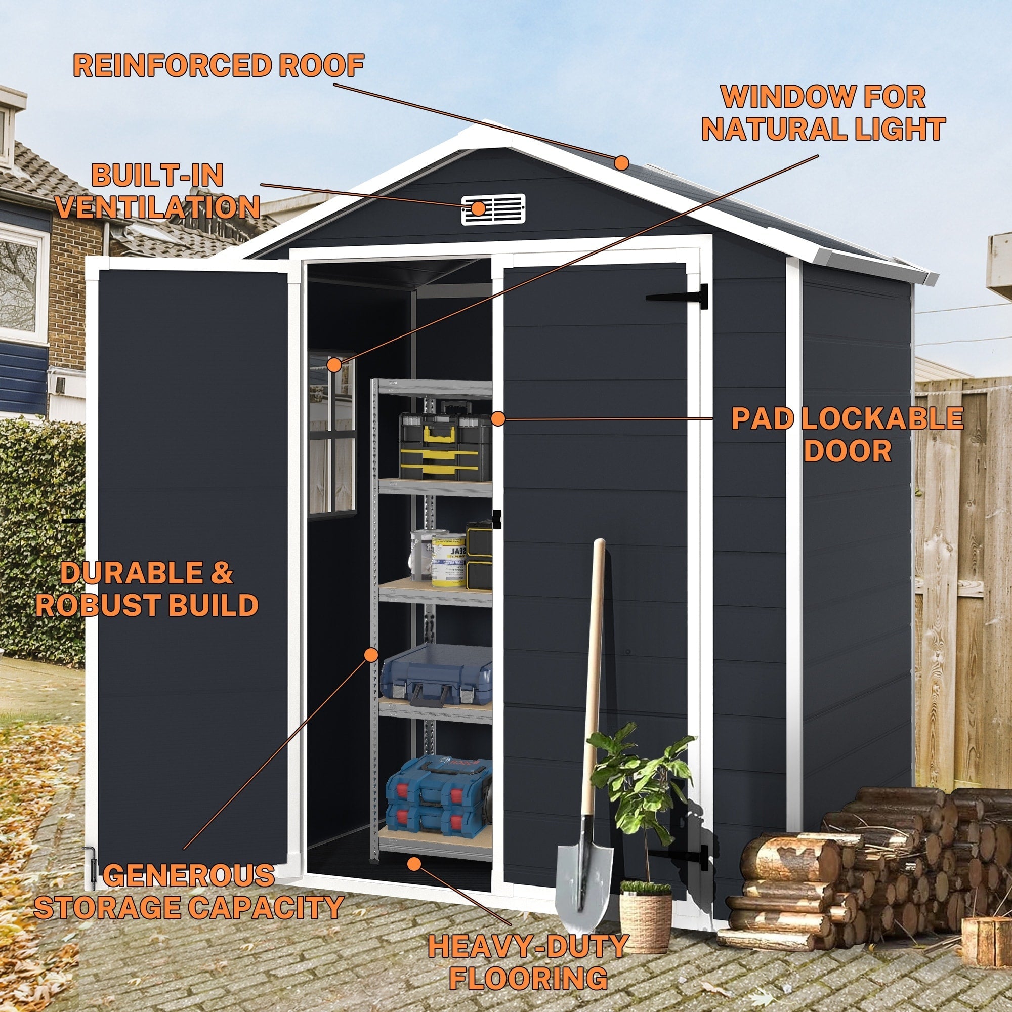 6 Fuß x 4 Fuß / 6 Fuß x 8 Fuß / 8 Fuß x 6 Fuß / 8 Fuß x 10 Fuß wetterfester Geräteschuppen aus Kunstharz mit Boden und Turm