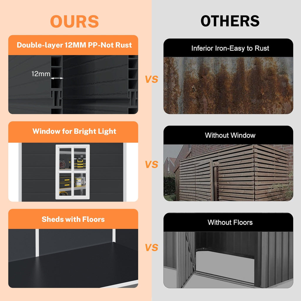 6 Fuß x 4 Fuß / 6 Fuß x 8 Fuß / 8 Fuß x 6 Fuß / 8 Fuß x 10 Fuß wetterfester Geräteschuppen aus Kunstharz mit Boden und Turm