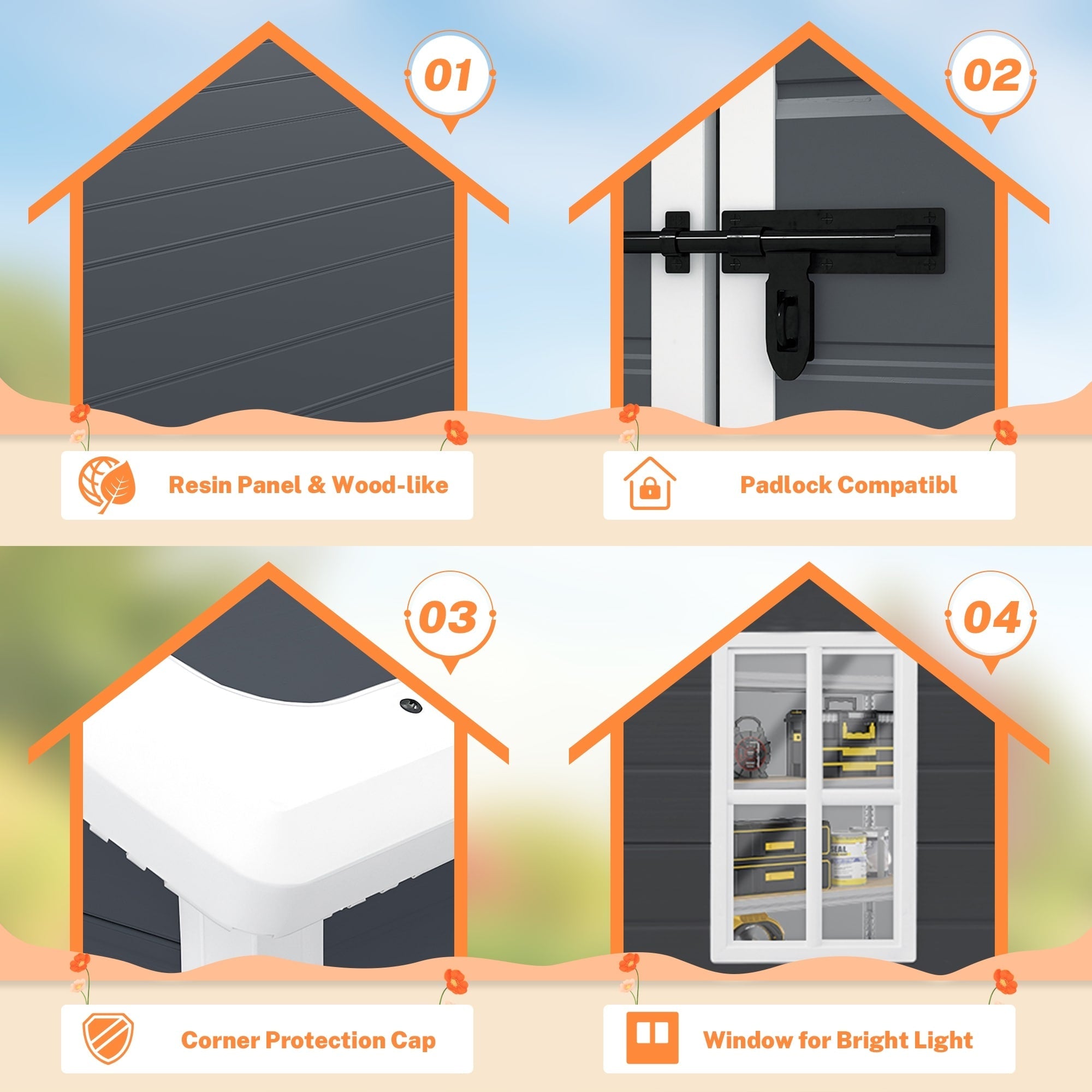 6 Fuß x 4 Fuß / 6 Fuß x 8 Fuß / 8 Fuß x 6 Fuß / 8 Fuß x 10 Fuß wetterfester Geräteschuppen aus Kunstharz mit Boden und Turm