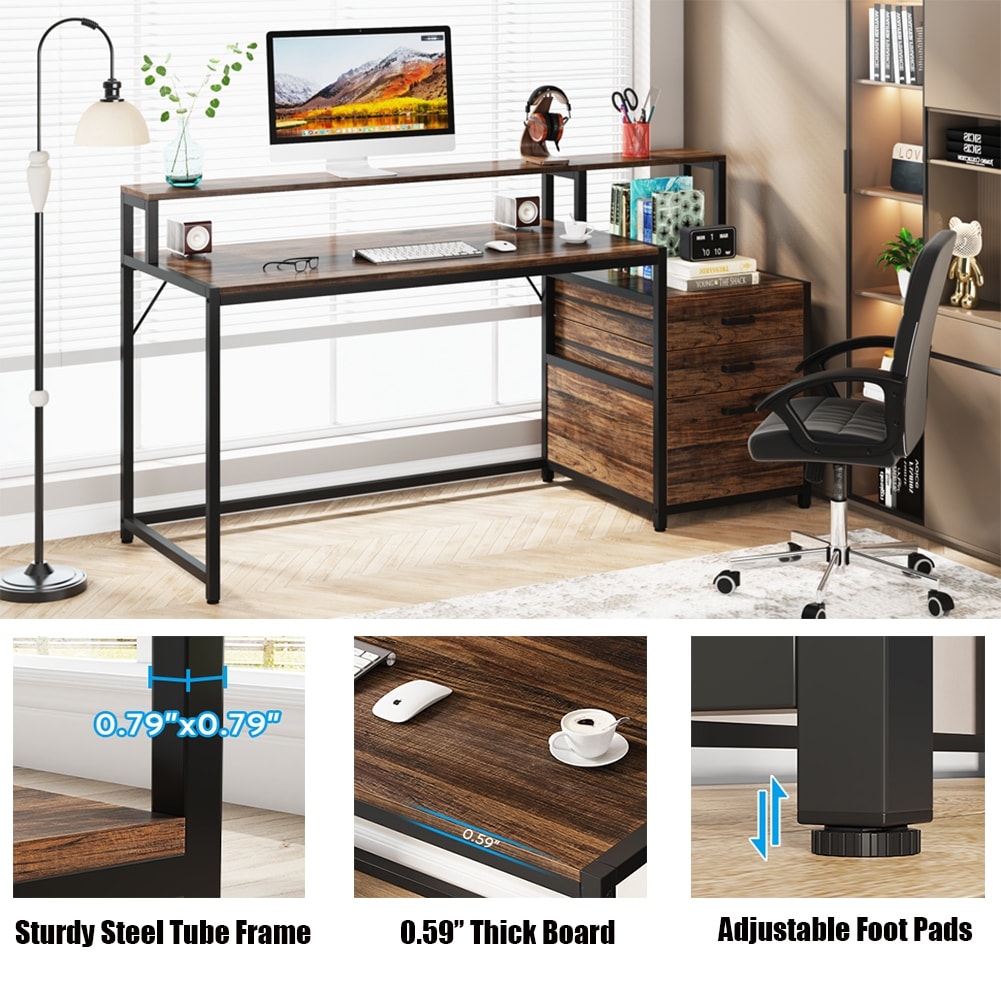 63-Zoll-Computertisch mit Monitorständer, ergonomischer Home-Office-Schreibtisch mit Schubladen und Aktenschrank