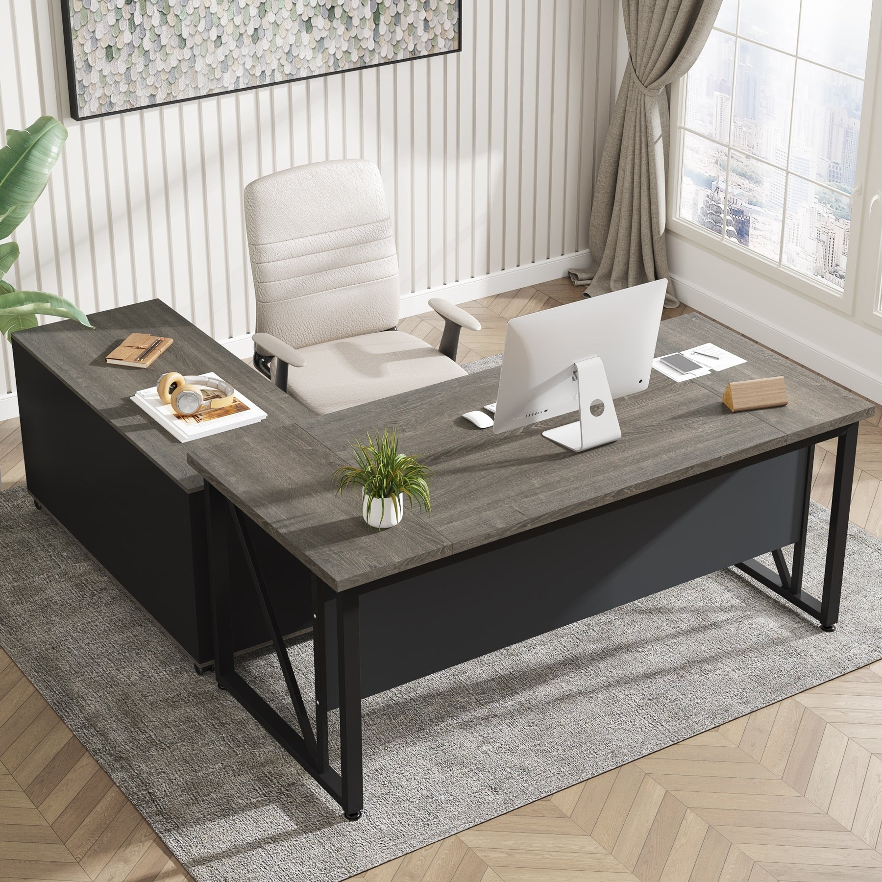 63-Zoll-L-förmiger Computertisch mit 47-Zoll-Aktenschrank, Schreibtisch-Set für das Homeoffice