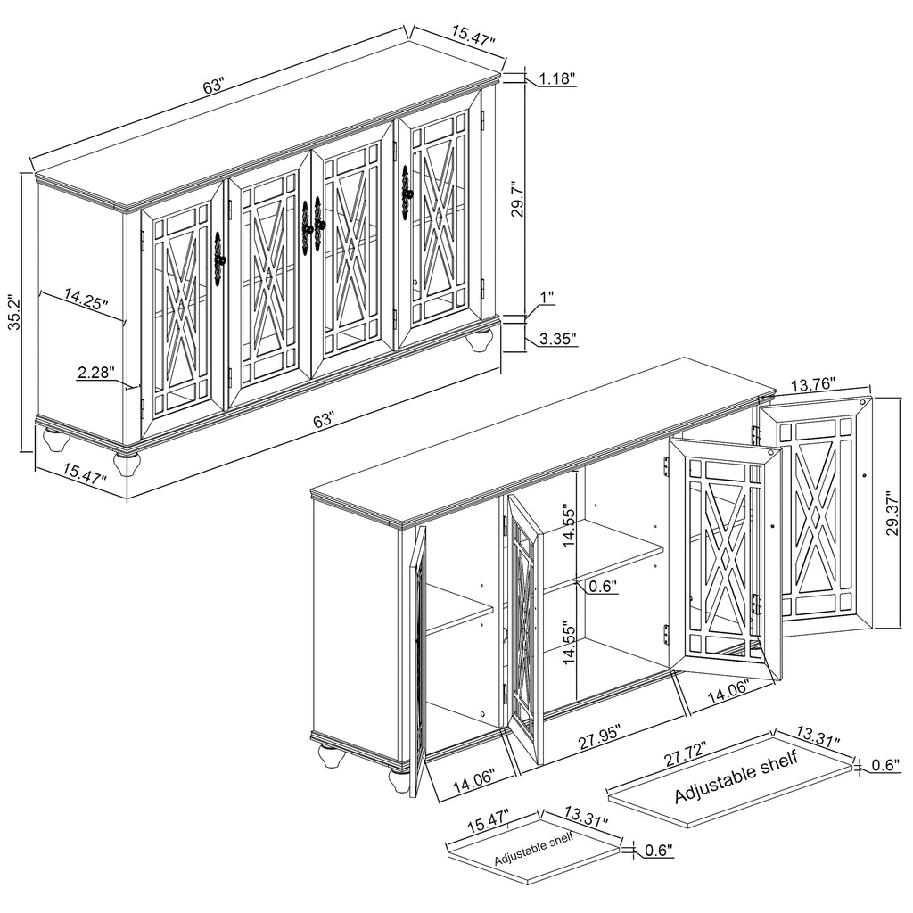 63 Zoll breites Buffet-Sideboard aus Holz im Vintage-Stil