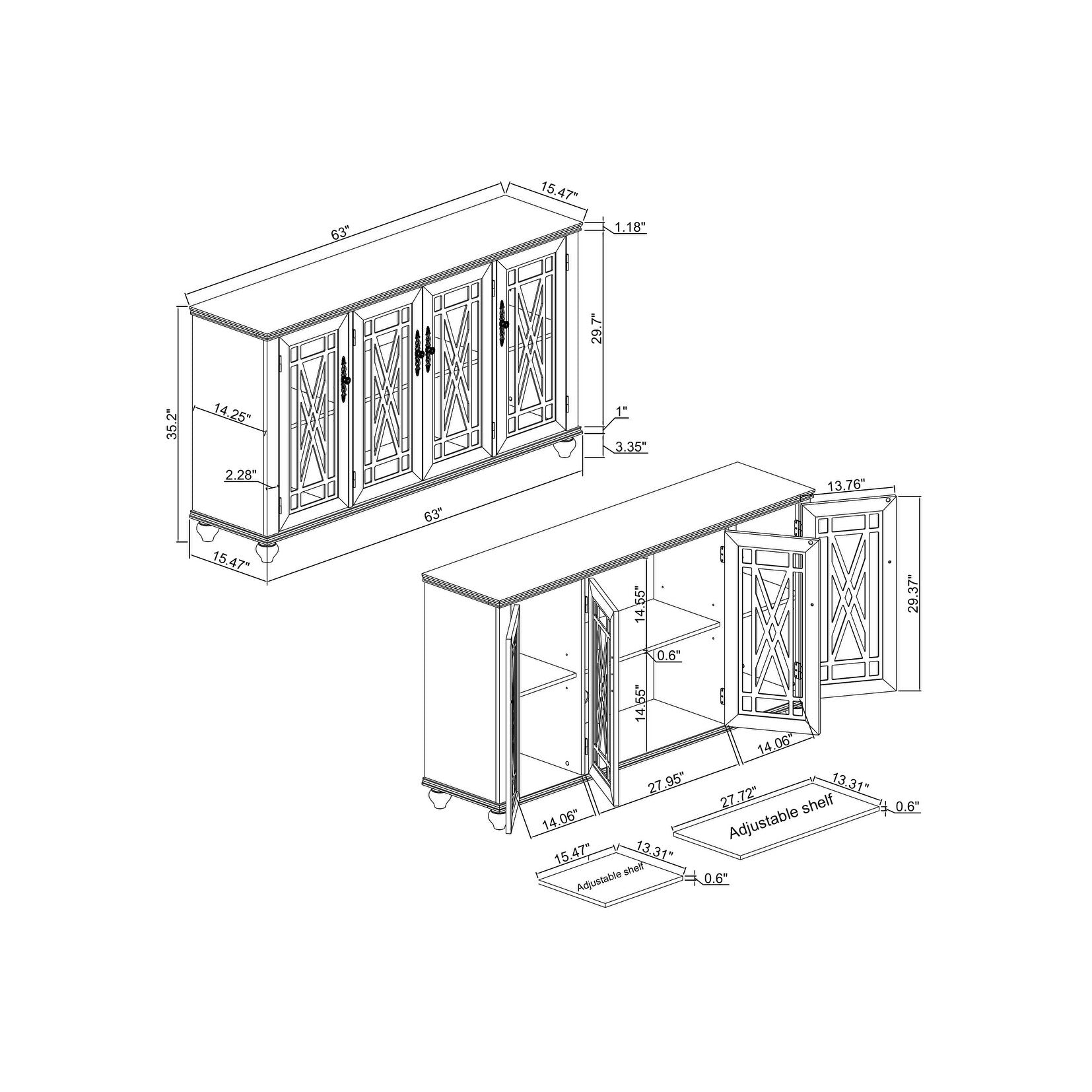 63 Zoll breites Buffet-Sideboard aus Holz im Vintage-Stil