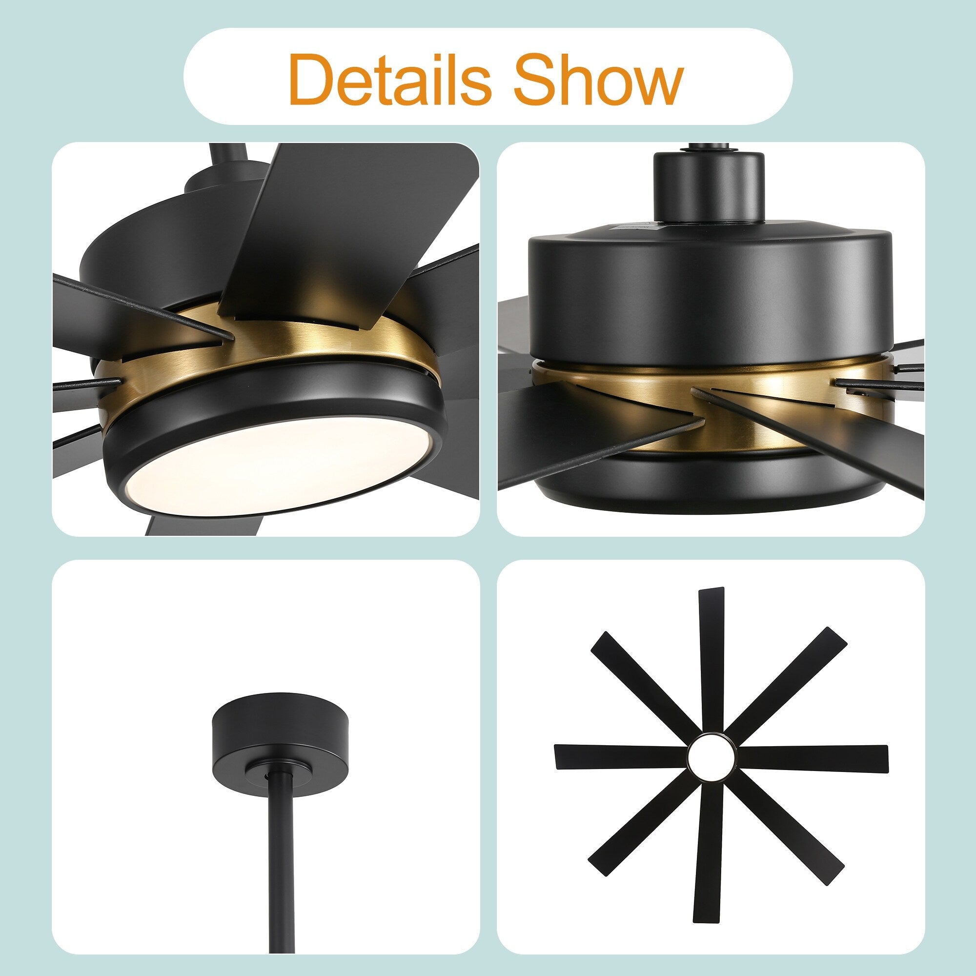 65 Zoll großer, schwarzer LED-Deckenventilator mit 8 Flügeln, Licht und Fernbedienung