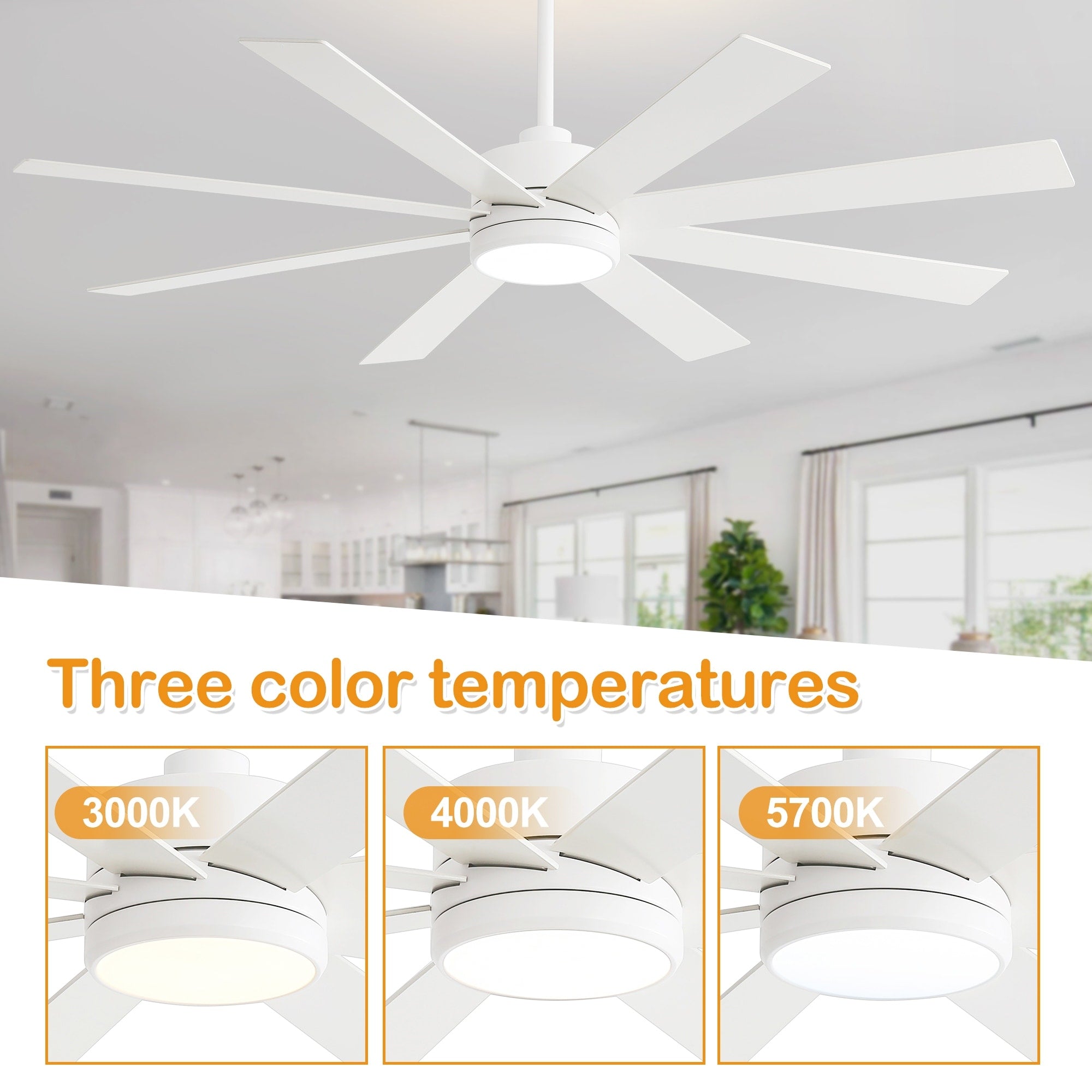 65 Zoll großer, schwarzer LED-Deckenventilator mit 8 Flügeln, Licht und Fernbedienung