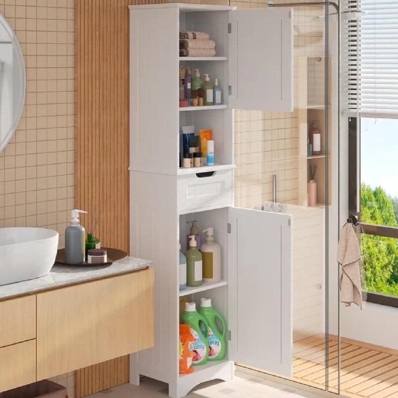 67 Zoll hoher, schmaler Badezimmer-Wäscheschrank, 5-stöckiger, freistehender Aufbewahrungsschrank aus Massivholz