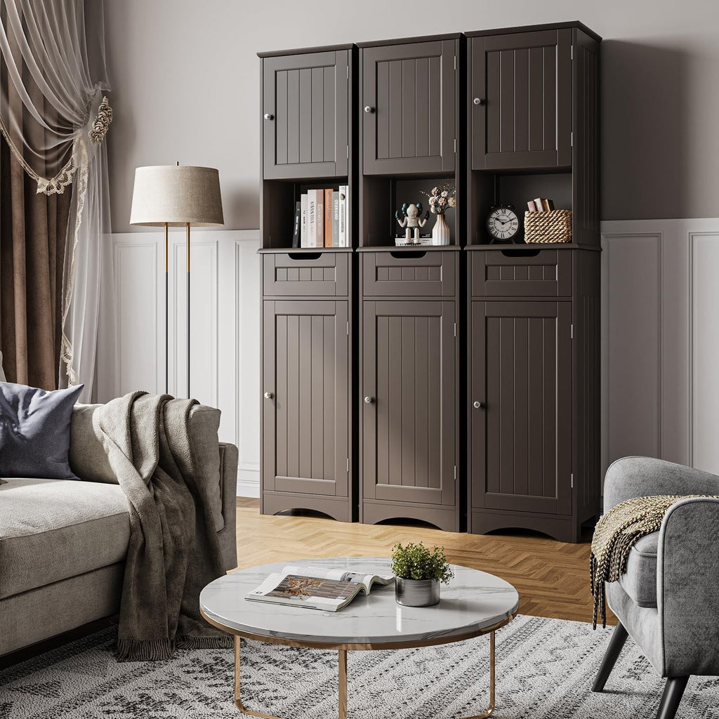 67 Zoll hoher, schmaler Badezimmer-Wäscheschrank, 5-stöckiger, freistehender Aufbewahrungsschrank aus Massivholz