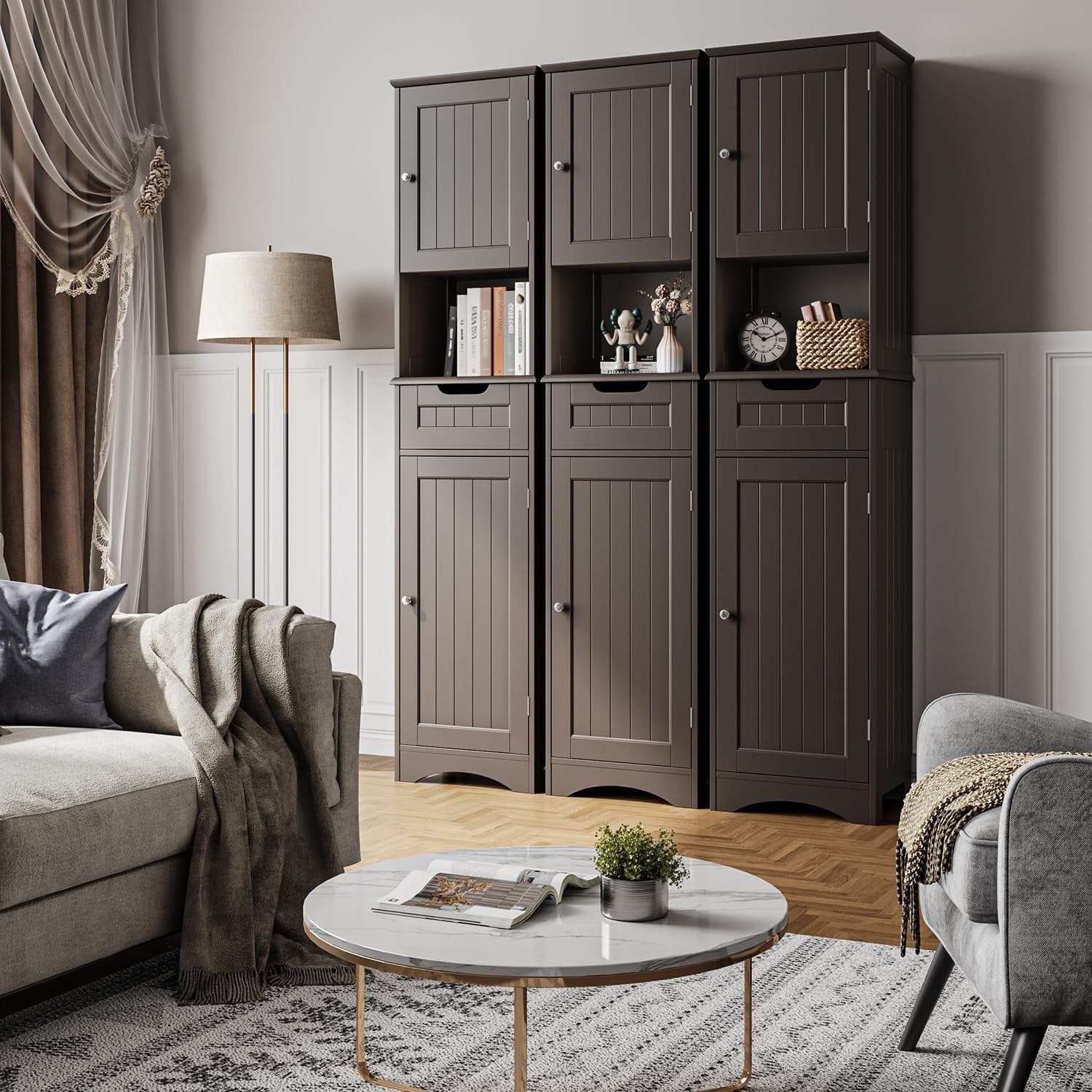 67 Zoll hoher, schmaler Badezimmer-Wäscheschrank, 5-stöckiger, freistehender Aufbewahrungsschrank aus Massivholz