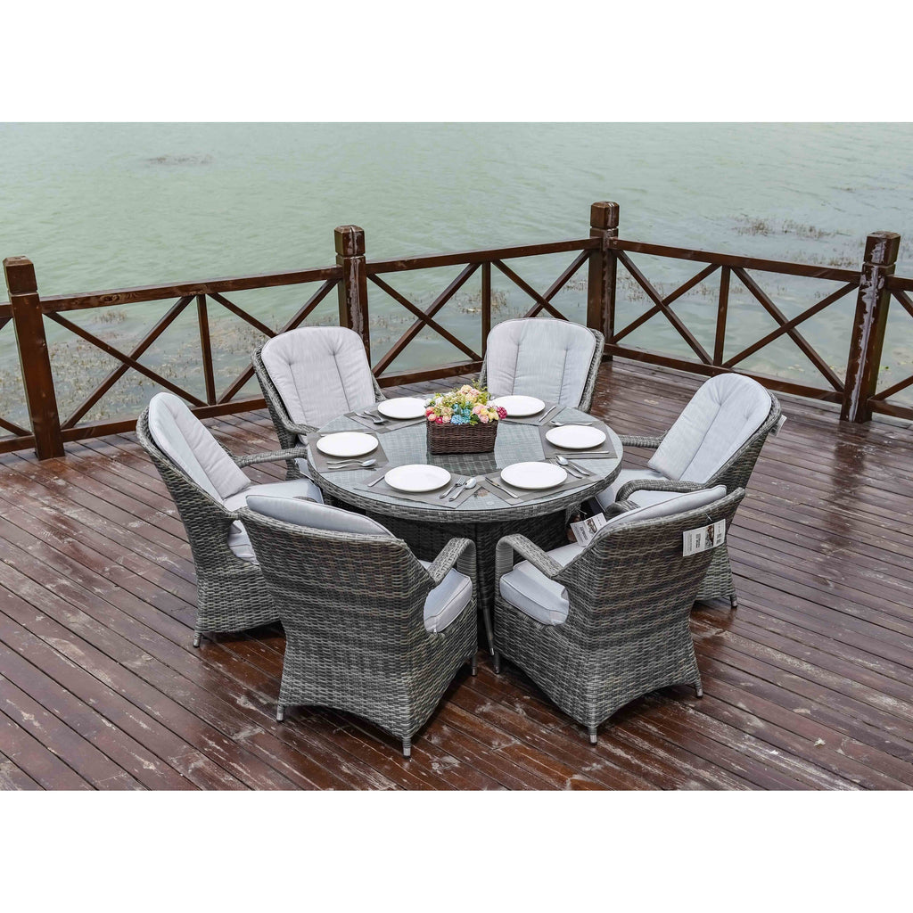 7-teiliges rundes Essset aus Rattan-Geflecht für den Außenbereich mit Kissen von Moda Furnishings